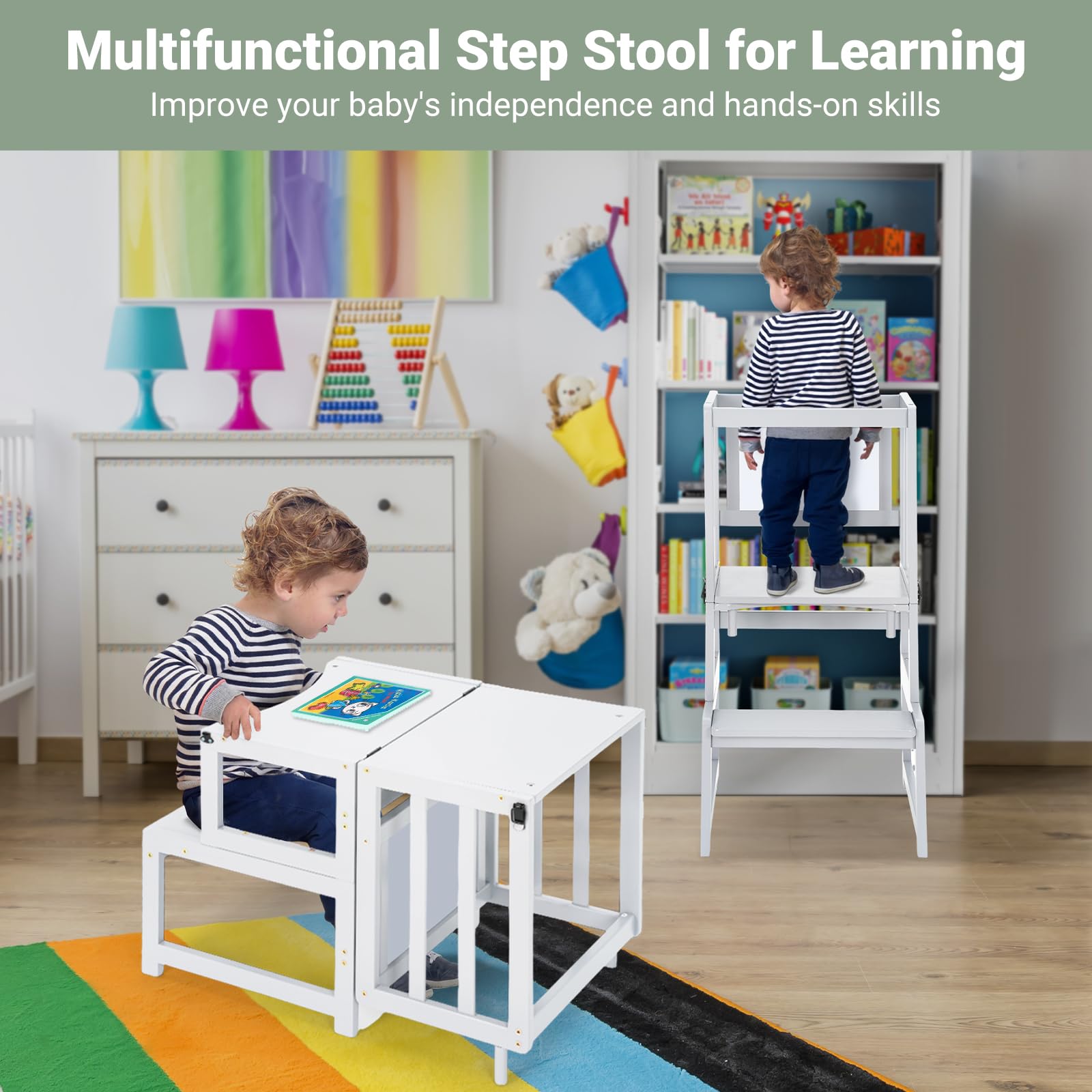 COSYLAND 3-in-1-Küchenhocker-Helfer für Kleinkinder, wandelbarer Stehturm mit Whiteboard für Kinder, Badezimmer, Küche, Theke, Helfer, Mutterhelfer, Lernhocker (Weiß)