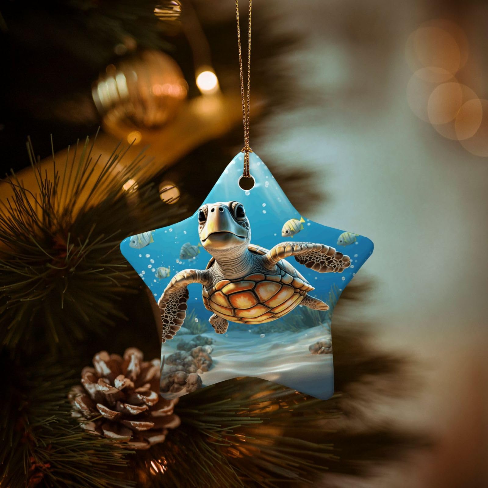 Christmas Ornaments for Christmas Tree Decoration Hanging Cartoon Sea Turtle Ornament with Gold Ribbon Crafts Star Shape Ceramic Pendant for Keepsake Gifts Xmas Decor Party Supplies