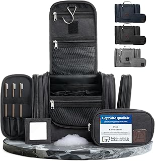 Obics Kulturbeutel Damen & Herren groß 8L XL - Kulturtasche zum Aufhängen, mit Spiegel & Reise-Tasche - Outdoor Kosmetik-Tasche groß als Geschenke-Set mit 10 Fächer für Camping & Reisen, schwarz