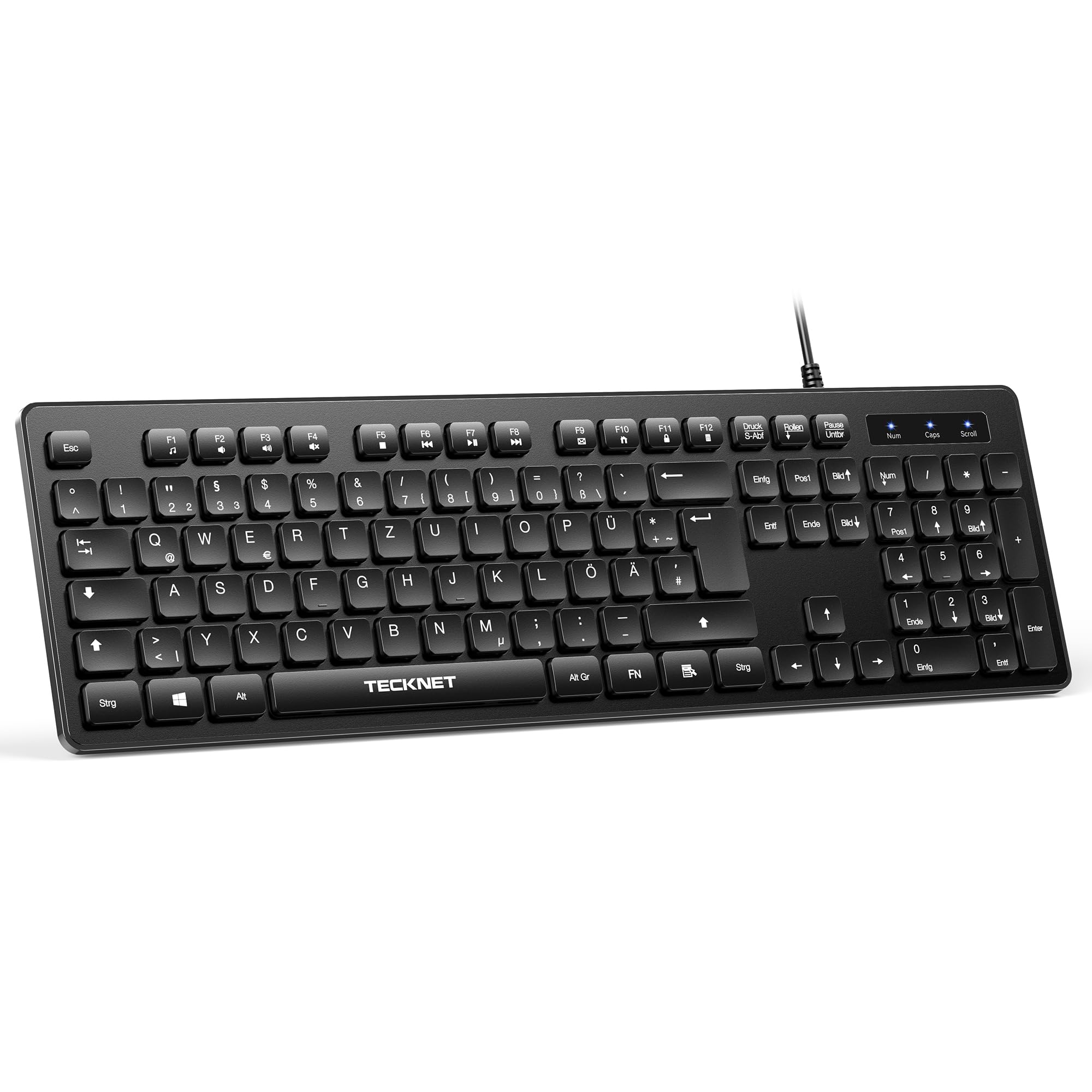 TECKNET Kabelgebundene Tastatur USB, Keyboard Vollgröße mit Nummernblock, Deutsches QWERTZ Layout, Spritzwassergeschützt, Leise PC Tastatur, für PC/Laptop (Windows/Mac) - Schwarz