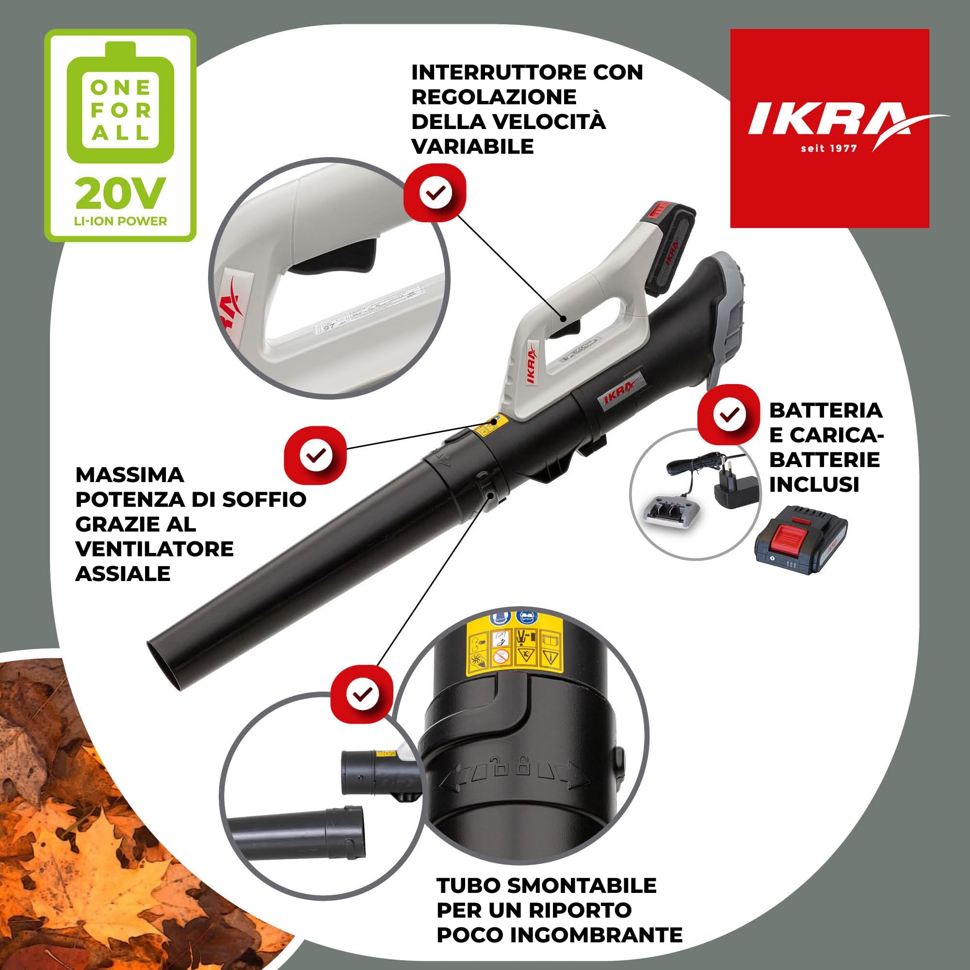 IKRA soffiatore ICB 20, con batteria da 20V 2Ah e caricabatterie, 150 km/h | Il ventilatore assiale rimuove anche le foglie umide, compatto e leggero, compatibile con batterie 20 V di IKRA