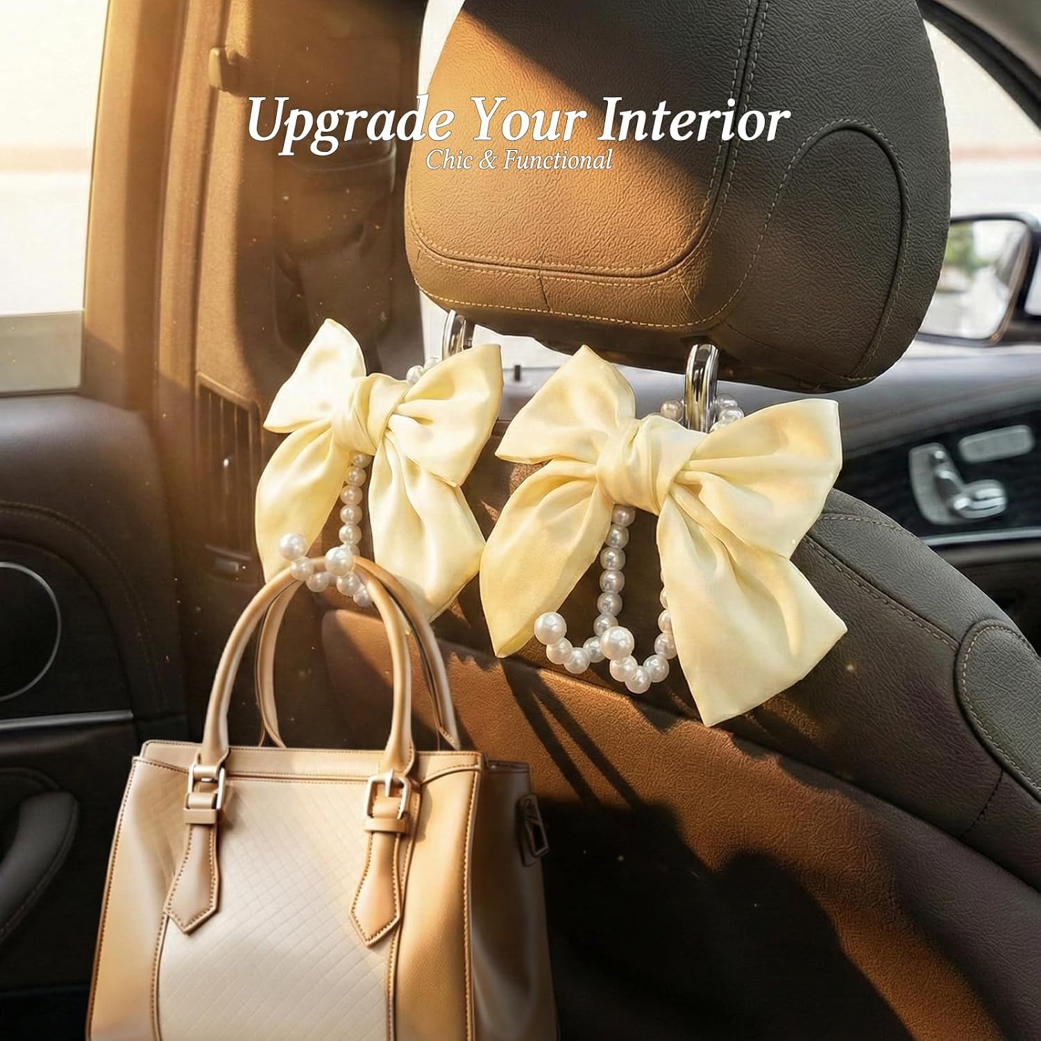 2PCS Satin Bow Pearl Car Seat Headrest Hooks – Car Bag Holder & Vehicle Hanger for Purses – Cute Coquette Aesthetic Interior Decoration – Cute Auto Organizer Accessories Universal (Pearl White) image 2