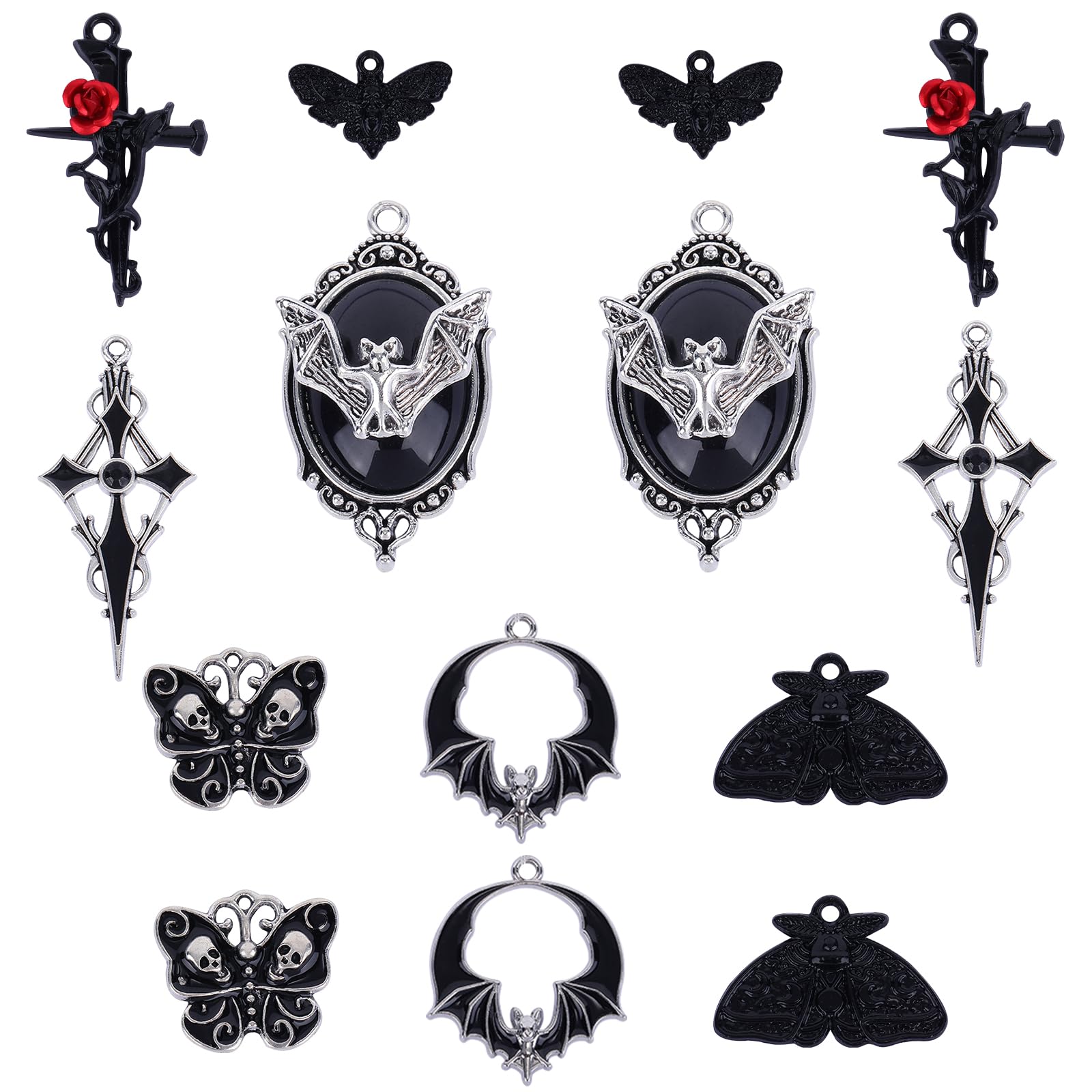 COGCHARGER 14Pcs Gothic Style Cross Charms Moth Bat Skull Charms Pendant Halloween Charms for Jewelry Bracelets Necklace Earrings Making DIY Craft Supplies