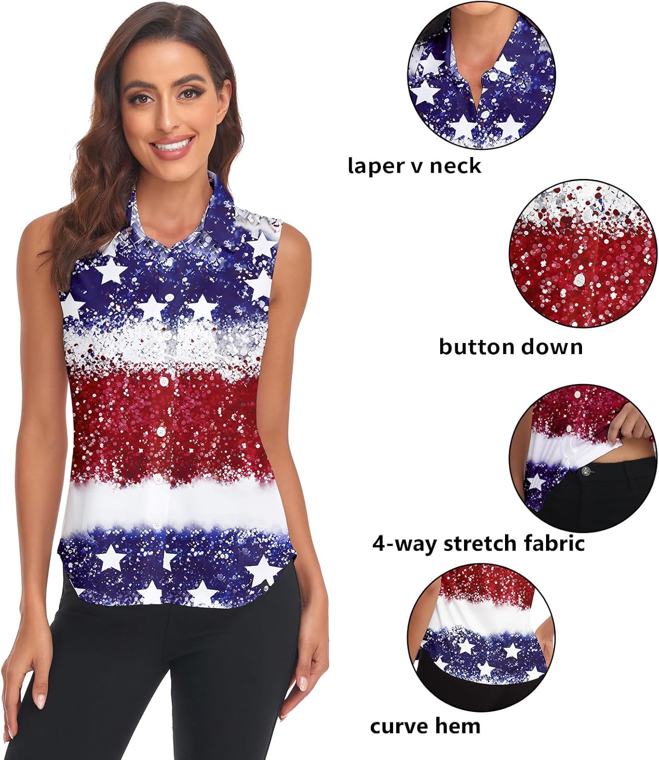 Soneven Womens Sleeveless Button Down Shirts Printed Golf Polo Shirts Business Casual Work Blouse Tops