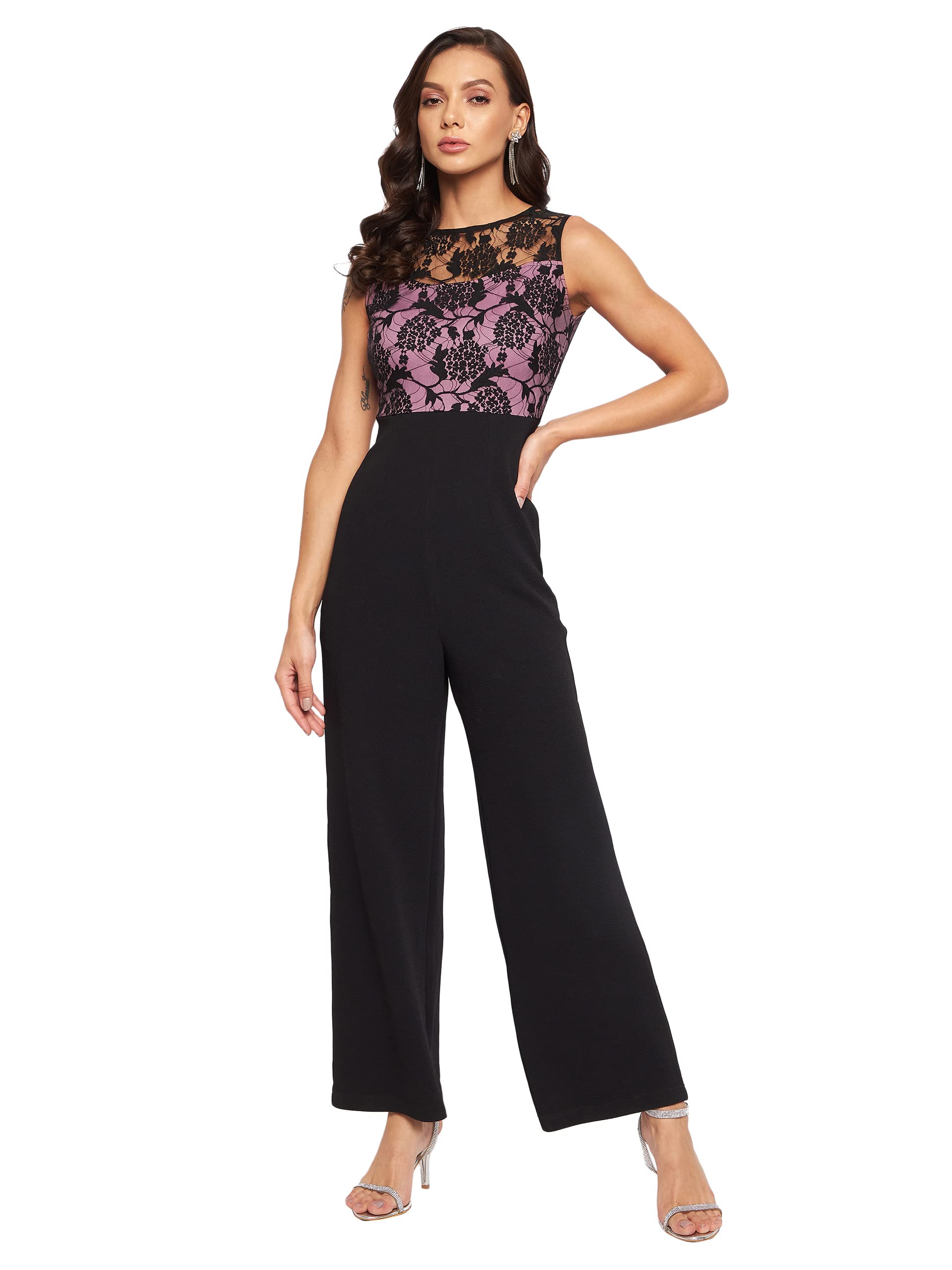 MISS OLIVEWomen's Wine V-Neck Sleeveless Solid Wrap Regular Jumpsuit