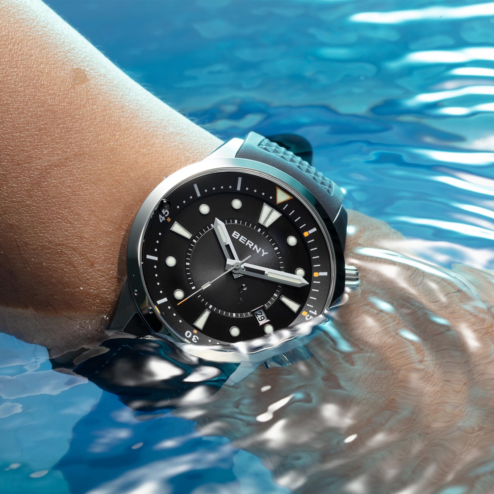 BERNY Relojes Mecánicos Automáticos Se Pulsera para Hombres Dive Relojes De Pulsera con Corona De Tornillo 20ATM Impermeable Hv600 Ddureza Correa De Silicona De Vidrio Zafiro Súper Luminosa