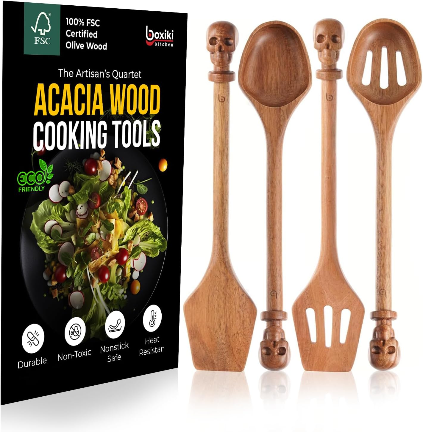 Boxiki Kitchen Luxury Teak Wood Utensil Set - Elegant 6-Piece Cooking Ensemble Including Spoons, Server, Scraper & Spatula - Expertly Crafted for Culinary Excellence
