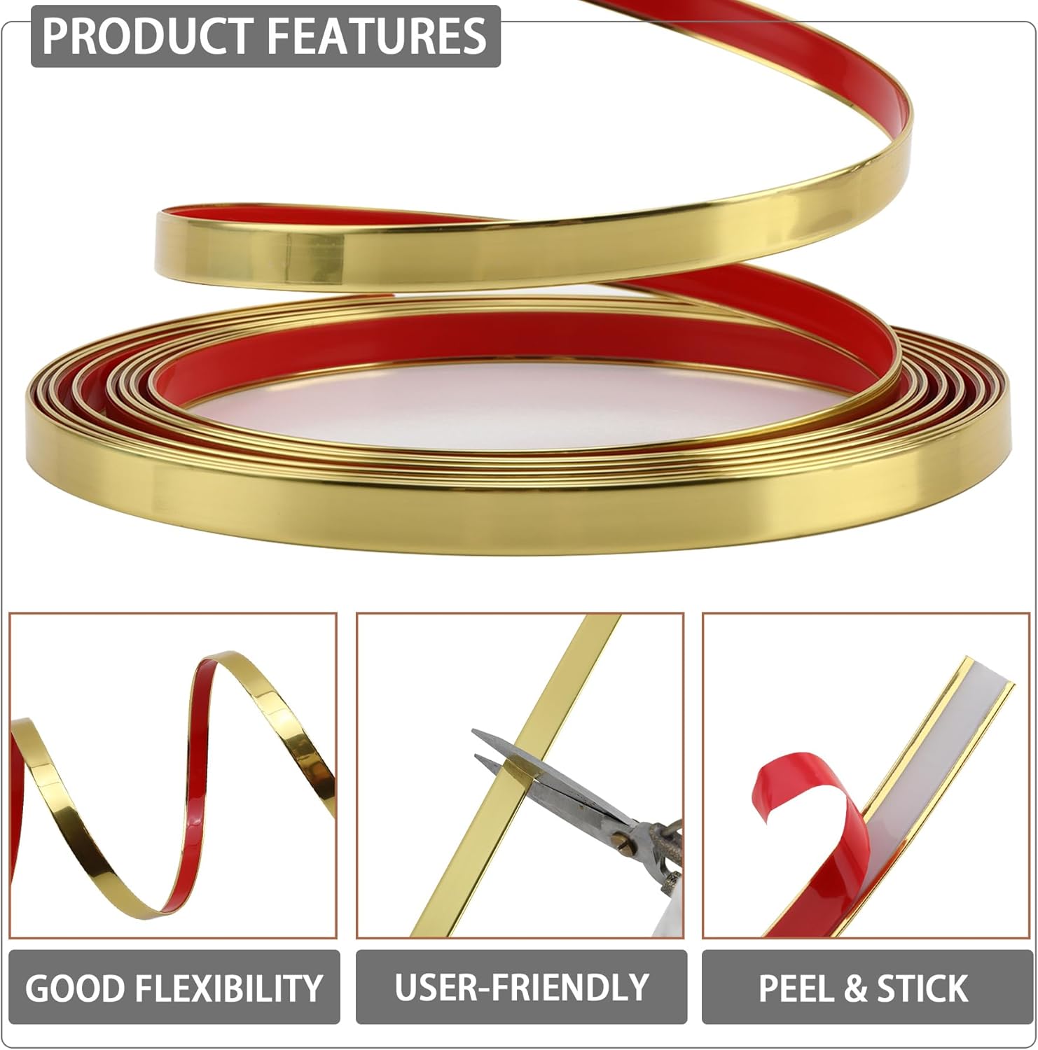 Glossy Gold Peel and Stick PVC Molding Trim, Flexible DIY Wall Accent Strip for Mirror Frame, Cabinet, Edges & Borders and Tiles (197''L x 1.6''W)