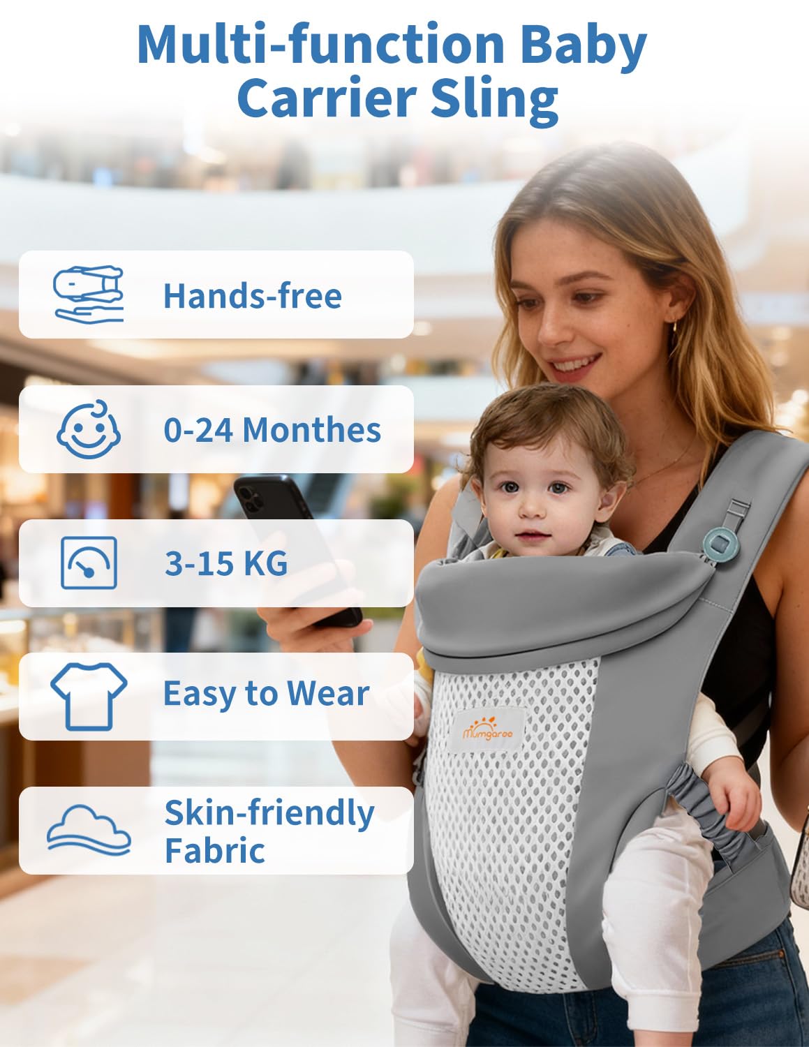 Portabebés, portabebés de recién nacido a niño pequeño, 4 en 1 de malla de aire y algodón de seda, portabebés para niños pequeños, portabebés ajustable delantero y trasero, 3-15 kg (gris)