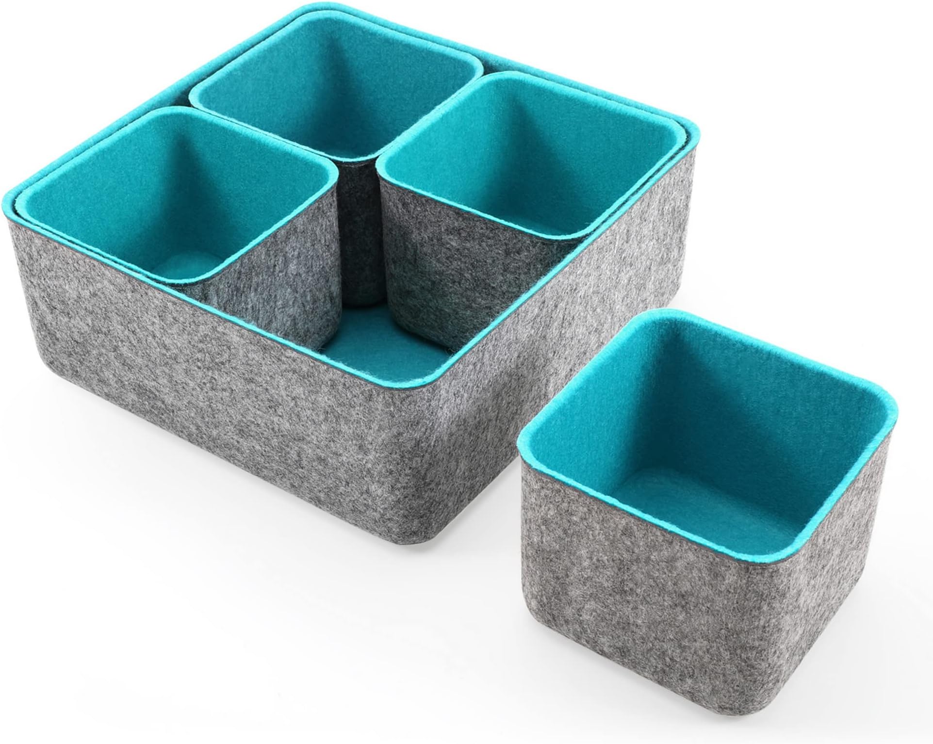 Felt Office Drawer Organizers deep Bins Draw Organiser Felt Storage bin Drawers dividers Boxes for Desktop 5-Pack (Turquoise)