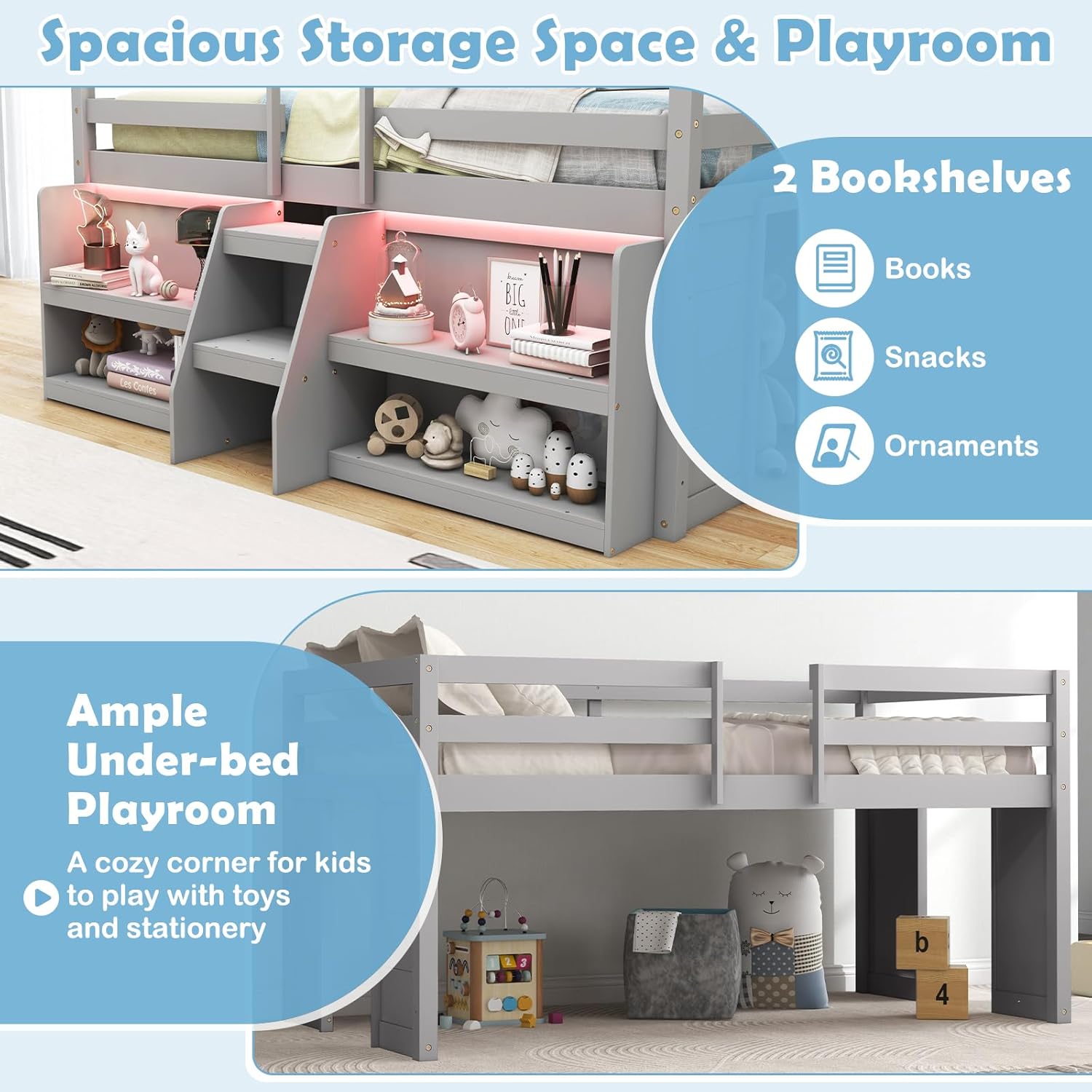 KOTEK Low Loft Bed with LED Lights, Twin Loft Bed with Storage Bookcase & Under-Bed Play Space, Stairs & Guardrails, Loft Bed Frame for Kids (Grey)