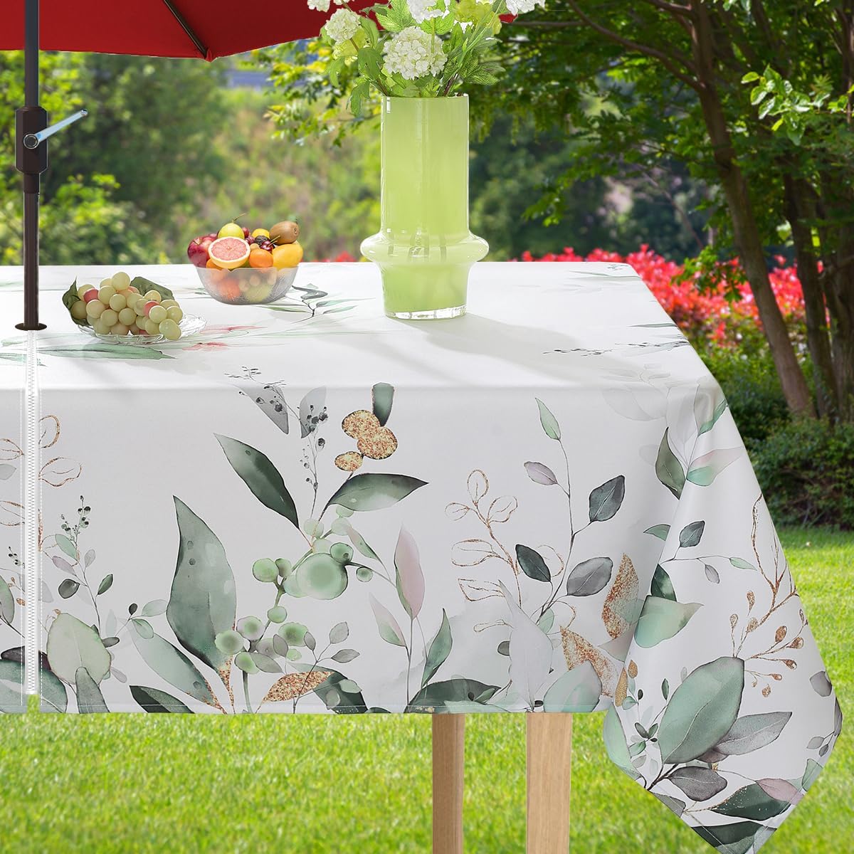 Spring Summer Tablecloth with Umbrella Hole Rectangle 60x84 Inch Waterproof Non Slip Flower Watercolor Zippered Table Cloth, Washable Polyester Table Cover for Patio, Picnic, Camping, Outdoor