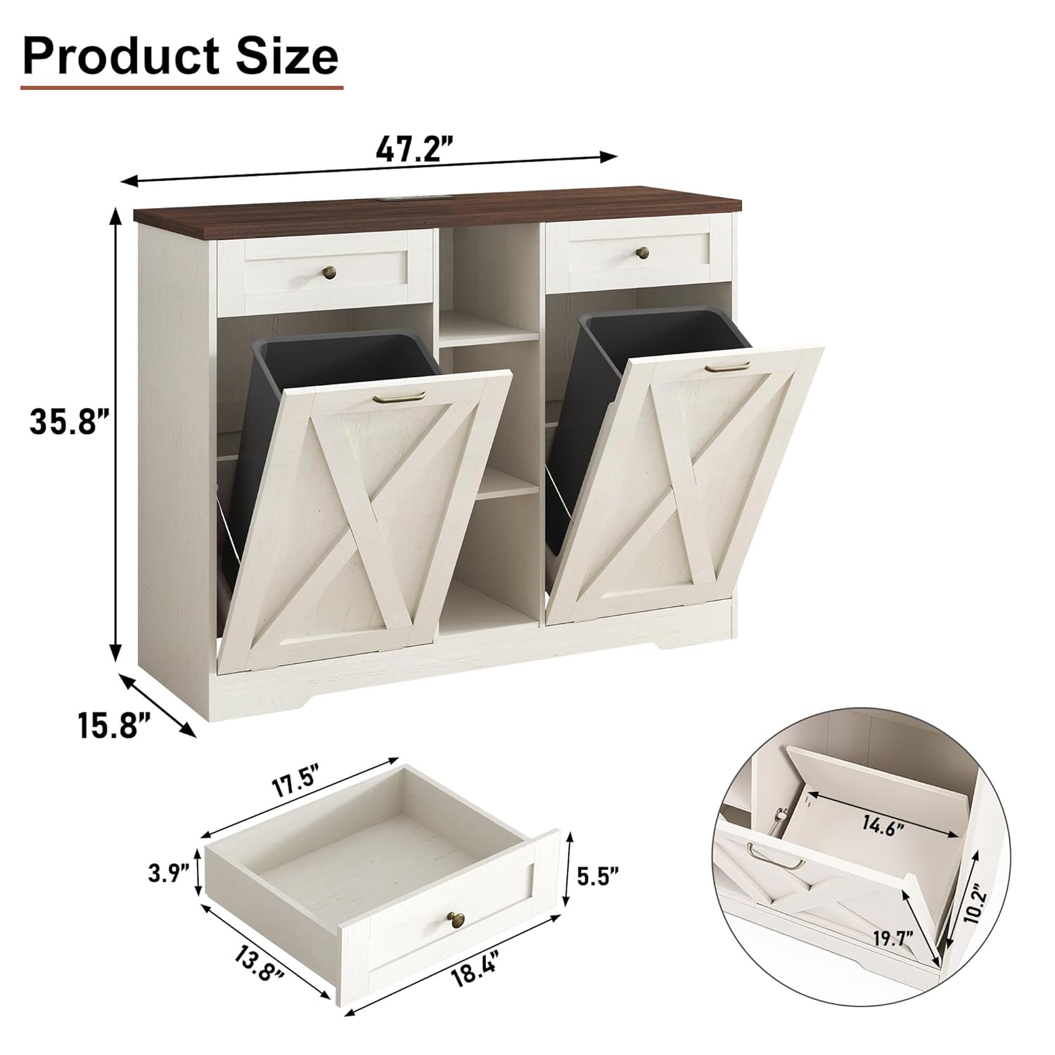Double 10 Gallon Tilt Out Trash Can Cabinet, Wooden Trash Cabinet with Deodorizing Function and Charging Station, 2 Storage Drawers & 3 Open Compartments for Kitchen, Bathroom, Living Room, White