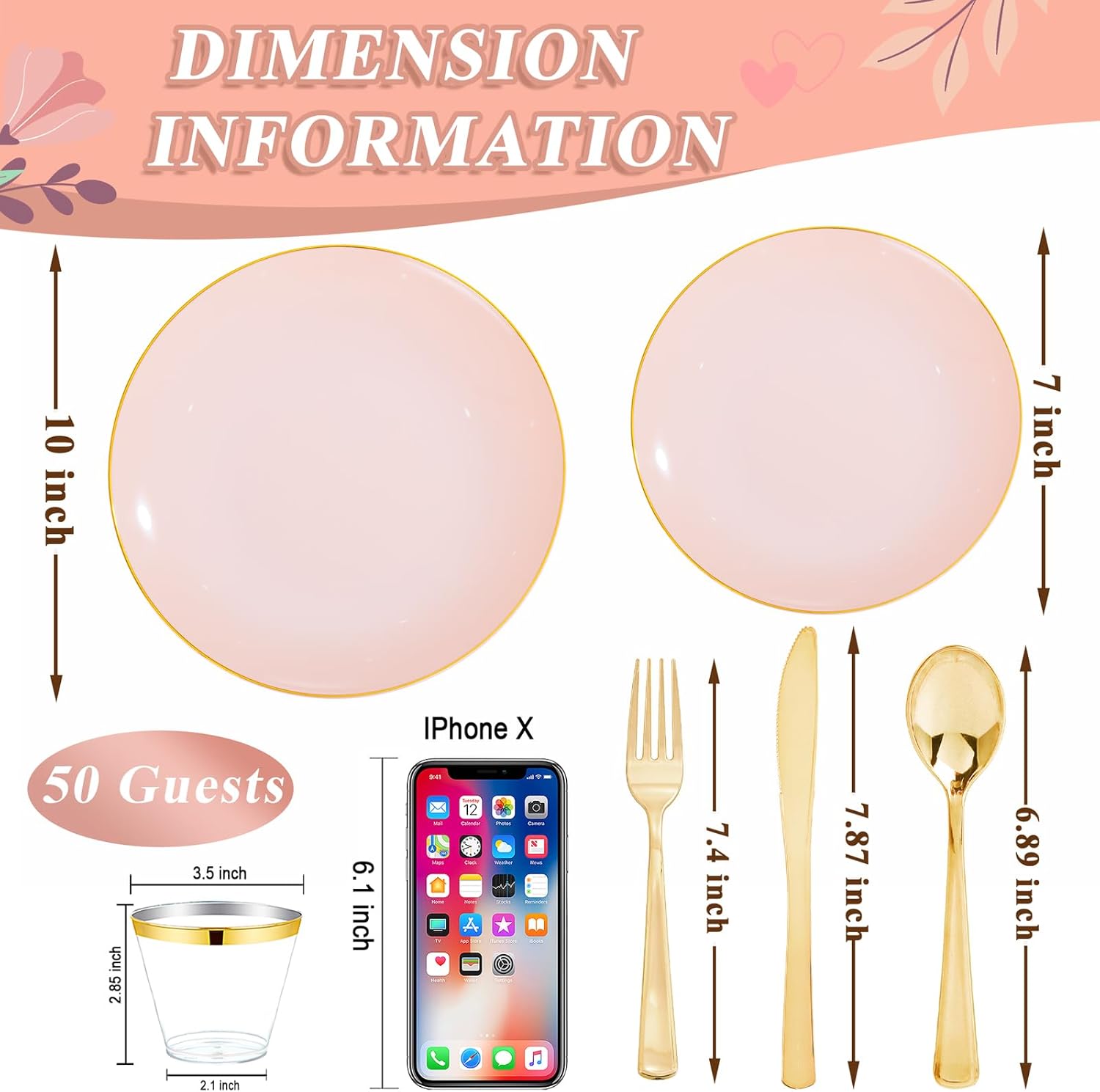 WDF 300Pcs Pink Plates Disposable - Pink and Gold Plastic Dinnerware Set for 50 Guests Include 50 Dinner & Cake Plates, 50 Disposable Cutlery, 50 9oz Cups for Wedding, Party, Valentine's Day - Image 2