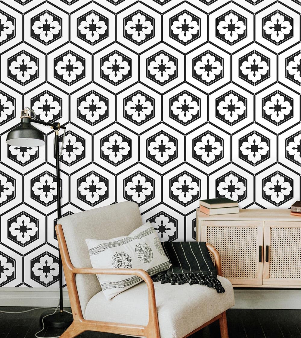 Naphite Black and White Peel and Stick Wallpaper Boho Geometric 17.3inW 78.7inL Black Modern Self Adhesive Removable Wallpaper for Bathroom Kitchen Backsplash Waterproof Contact Paper for Cabinets