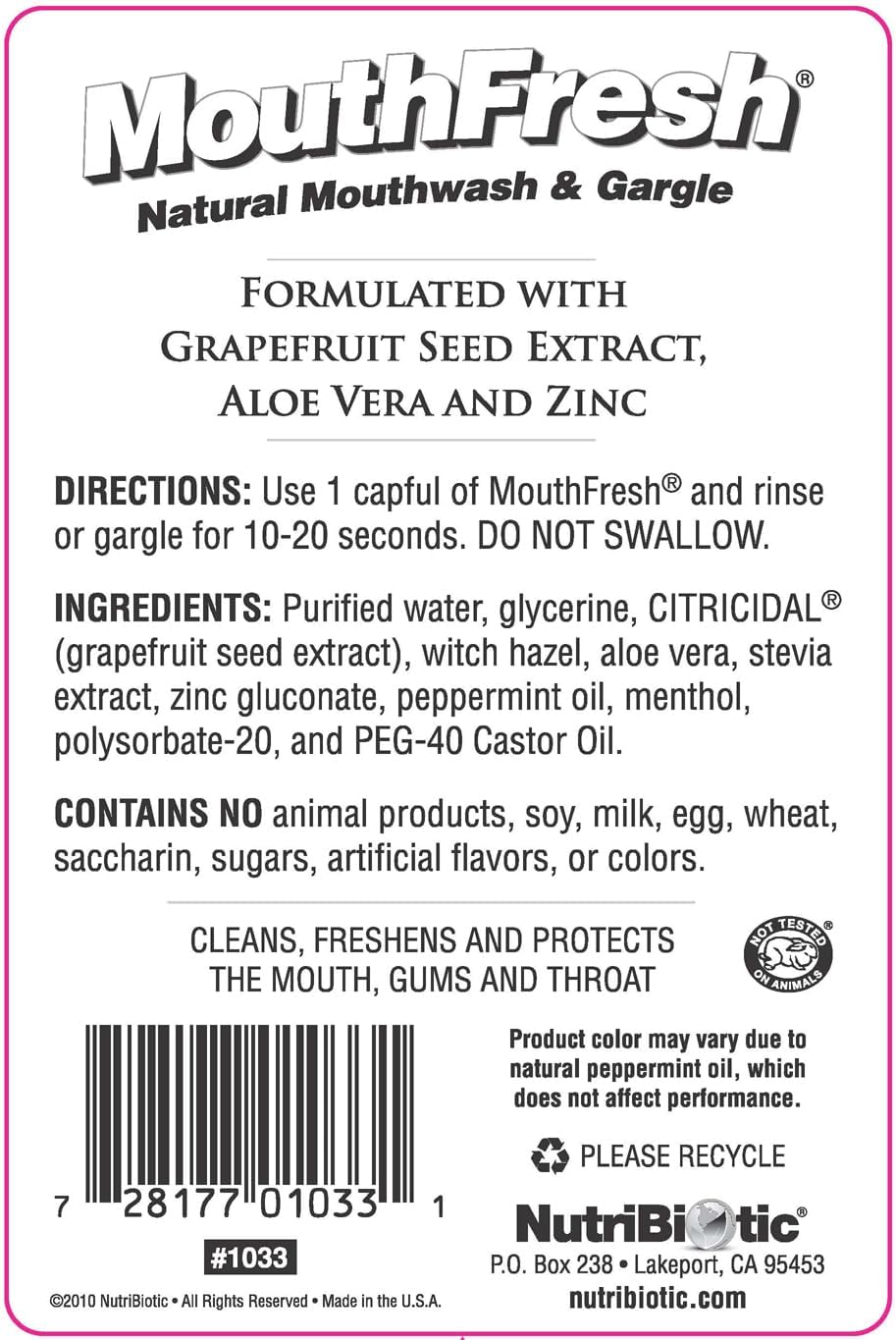 NutriBiotic MouthFresh, Refreshing Peppermint 16 Oz. Twin Pack | Natural Mouthwash & Gargle with Grapefruit Seed Extract, Aloe, Zinc & Witch Hazel | Fluoride-Free & Made Without GMOs & Gluten