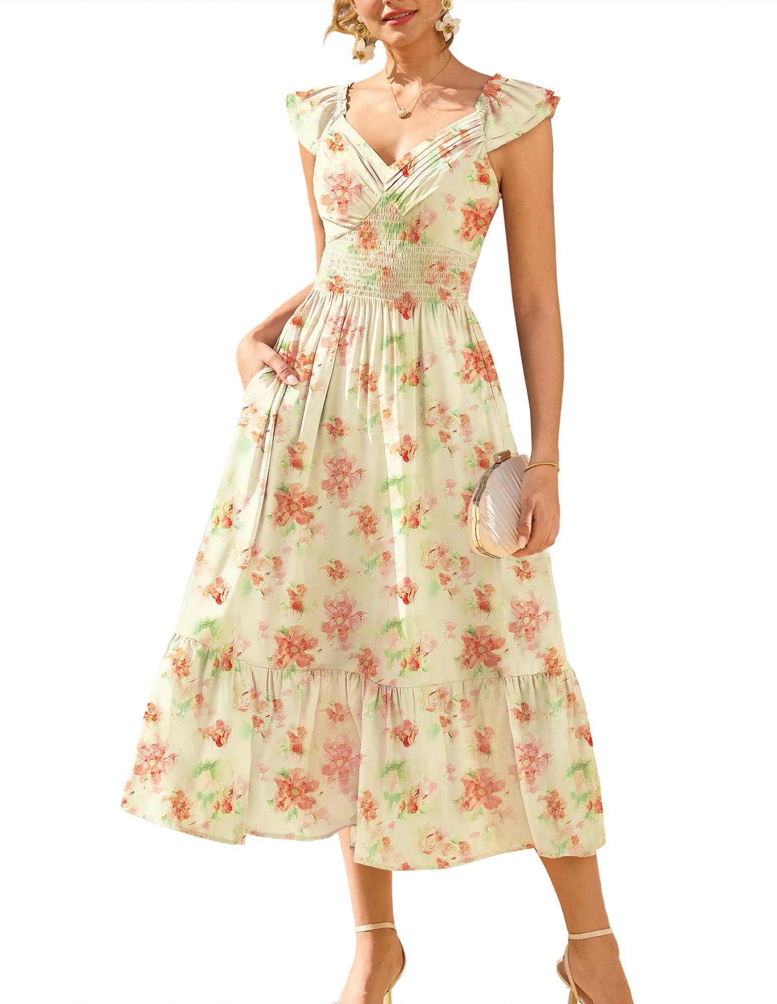 GRACE KARIN Women's Summer Floral Maxi Dress 2026 Ruffle Sleeve Smocked Sundress Flowy Wedding Guest Long Dresses Yellow Floral M