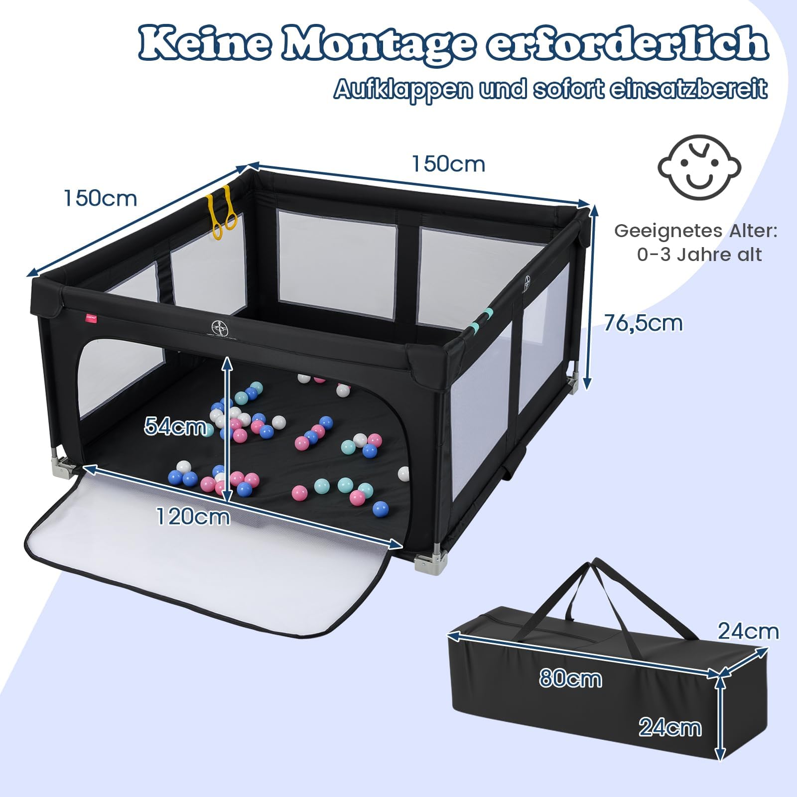 COSTWAY Kojec dla niemowląt, 150 x 150 cm, składany, kojec dla niemowląt z 50 piłkami, 4 uchwyty i bramka z zamkiem błyskawicznym, kratka do raczkowania z oddychającą siatką i torbą do przenoszenia
