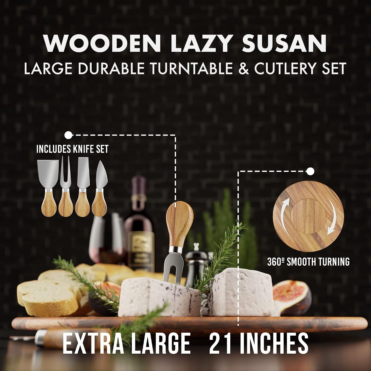 Beautiful 21" Lazy Susan Turntable with Cutlery Set - Solid Acacia Wood Serving Board Spins Smoothly to Enjoy Convenient Dining On Every Table - The Ultimate Cheese Board for Your Gatherings
