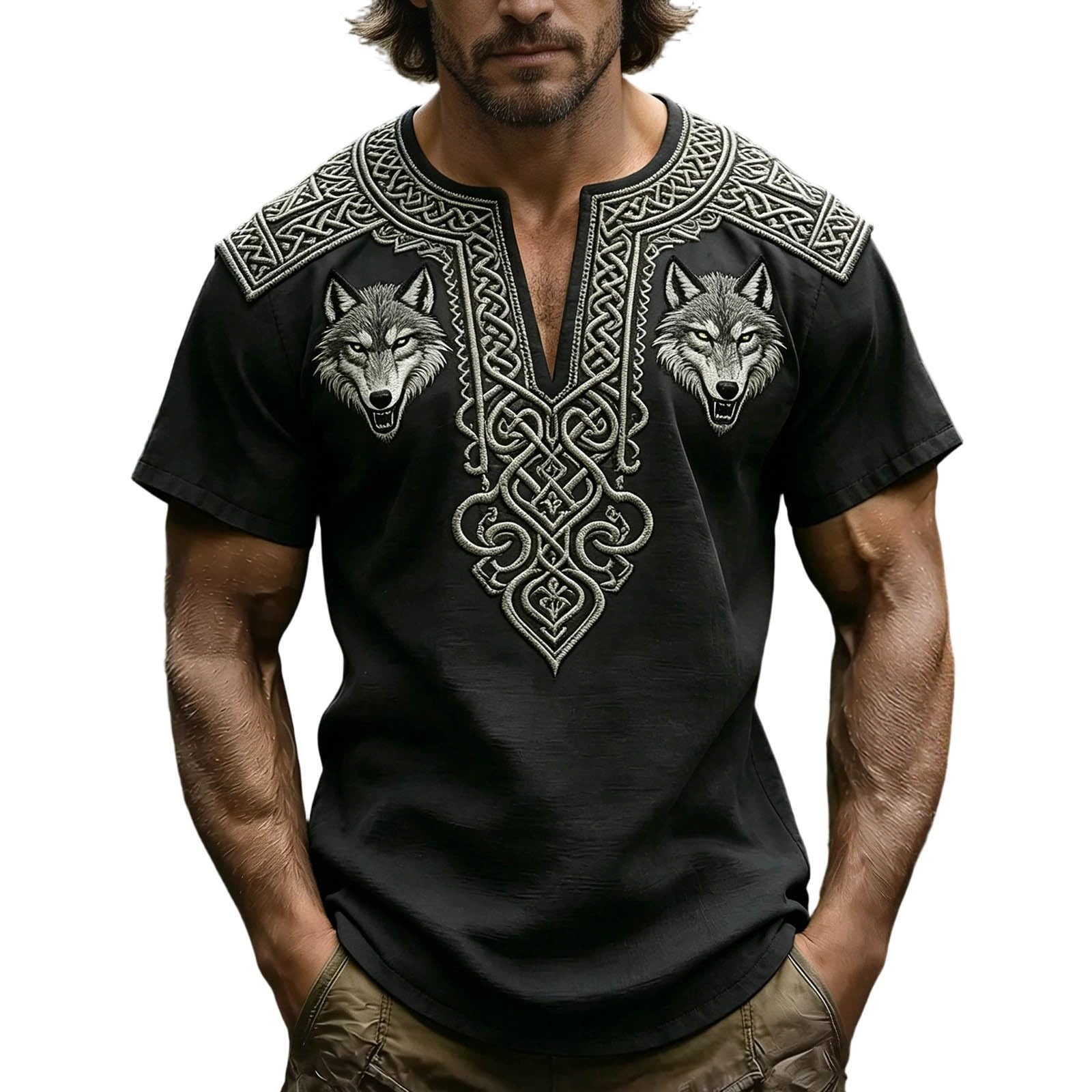 Viking T-Shirt Men's Cotton Oversized Lightweight Airy Soft Vintage Viking Clothing with Wolf Motif Short Sleeve Ethnic Casual Basic Tops Henley Shirt Sports Shirt Gym Summer, black, XL