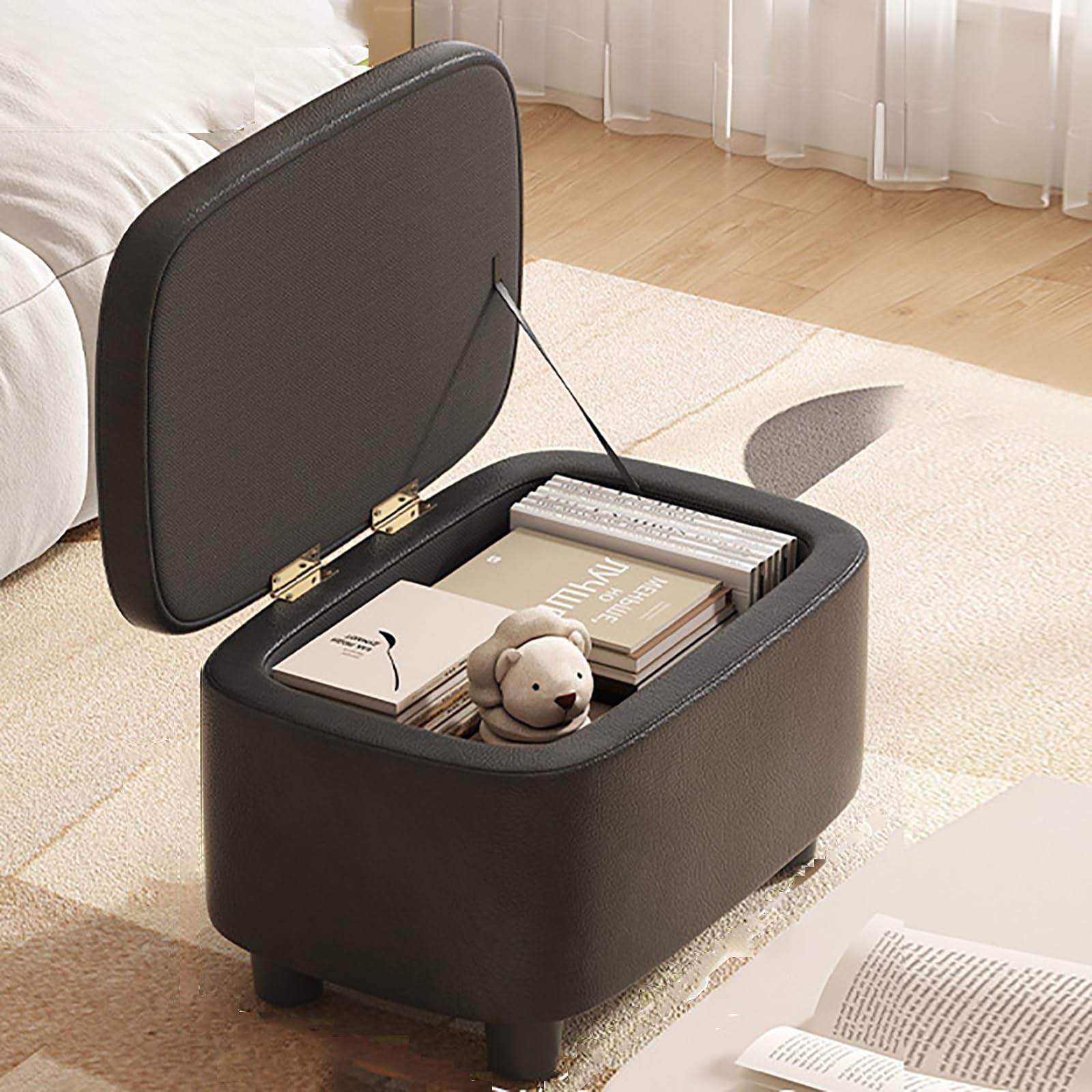 Baul Almacenaje para Dormitorio, Puff Salon con Tapa Abatible, Puff Reposapies, Taburete de Tocador, para Sala de Estar, Dormitorio, Pasillo (Color : Black)
