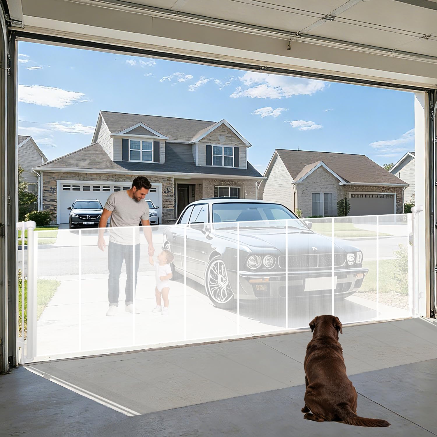200'' Extra Wide Retractable Baby Gates for Large Opening, 42" Tall Retractable Dog Pet Gate with Support Rods, Long Mesh Screen Child Safety Gate for Garage Doorways Deck Stairs Yard Outdoor Indoor