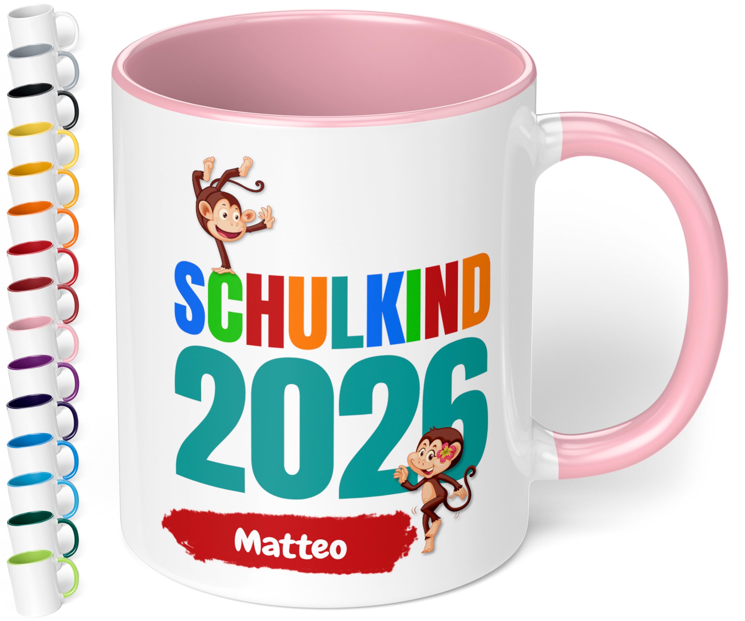 Geschenk zur Einschulung für Mädchen und Jungen: personalisierte Tasse Schulkind 2026" Affen-Motiv mit Namen, Rosa