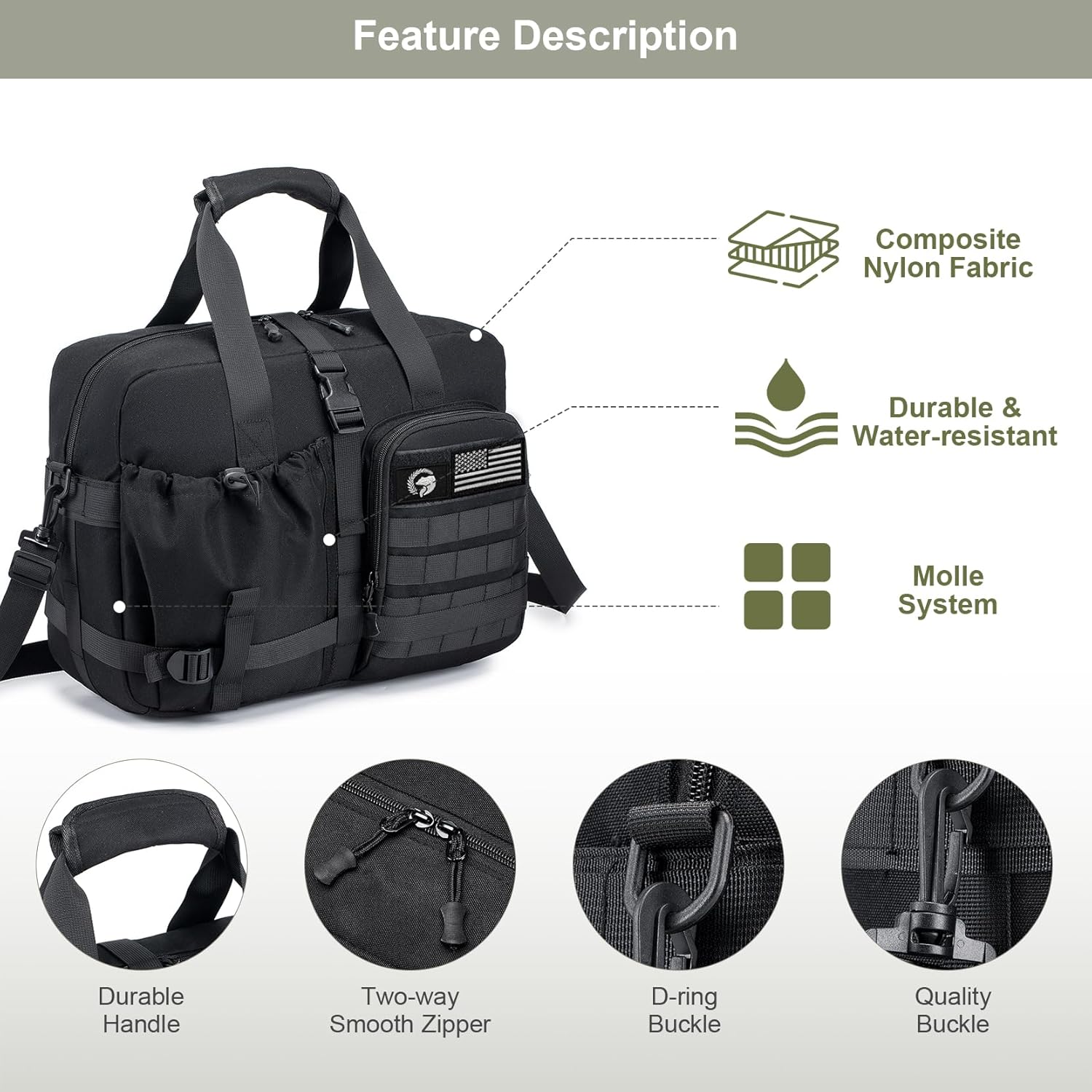 15.6 inch Tactical Laptop Bag for Men, 40x30x15cm Personal Item Bag, Carry On Travel Duffle Bag for Airplane,Black - Image 3