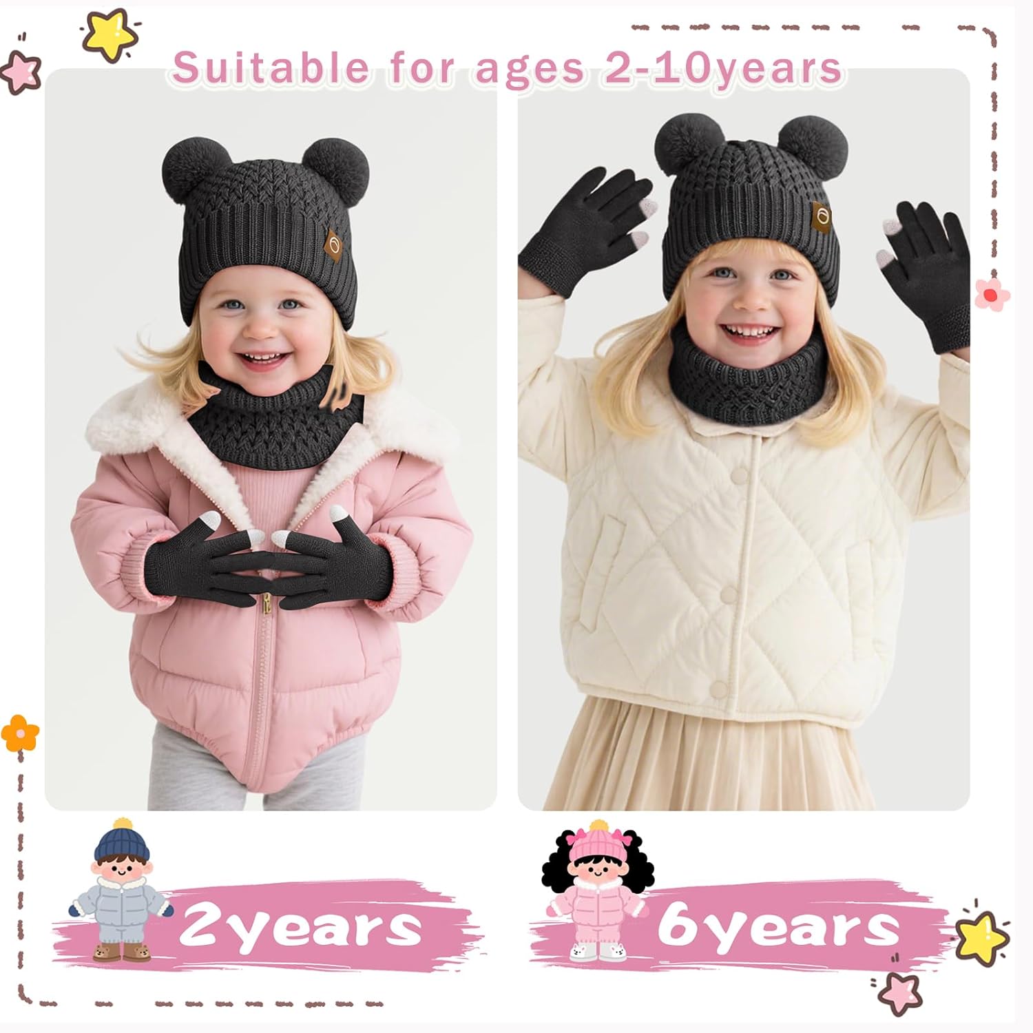 Kids Winter Hat Gloves Scarf Set,Toddler Girls Winter Hat Kids Beanie with Pom Neck Warmer Gaiter Mittens Fleece Lined Set - Image 5