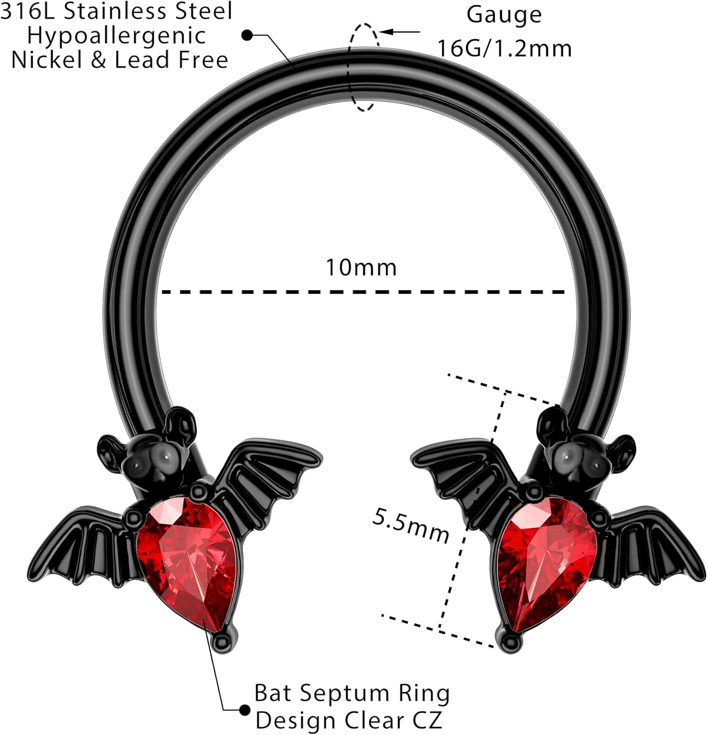 Melighting Septum Rings 16G Black Bat Septum Jewelry Halloween Daith Earrings Clear Red CZ Surgical Steel 316L Tragus Piercing Jewelry Helix Earrings for Women Men - Image 7