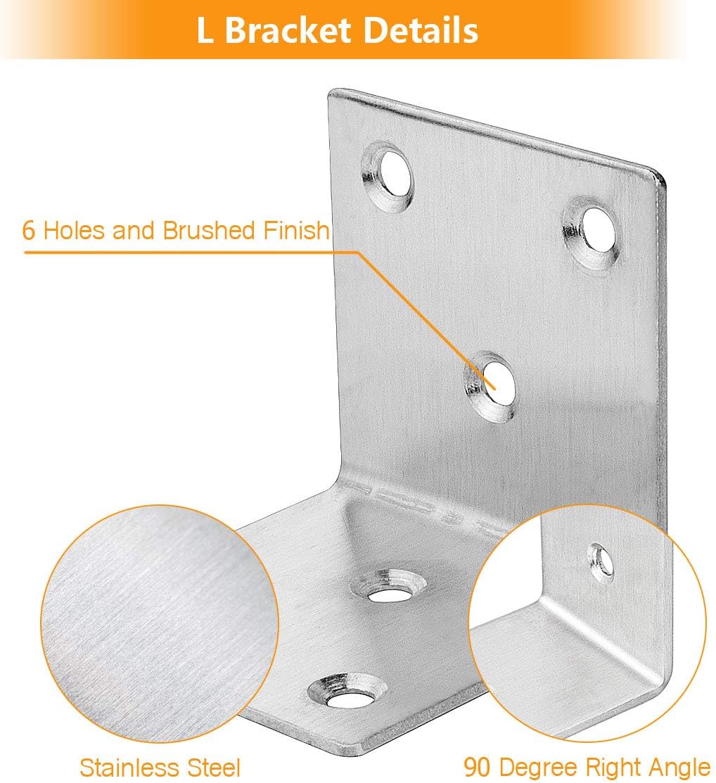 ASelected 22Pcs Stainless Steel Corner Brackets 2"x2"x2" Heavy Duty L Brackets for Wood 50MM 2Inch Wide Metal Corner Braces 90 Degree L Shape Joint Right Angle Brackets for Shelves Wooden Frame Bed