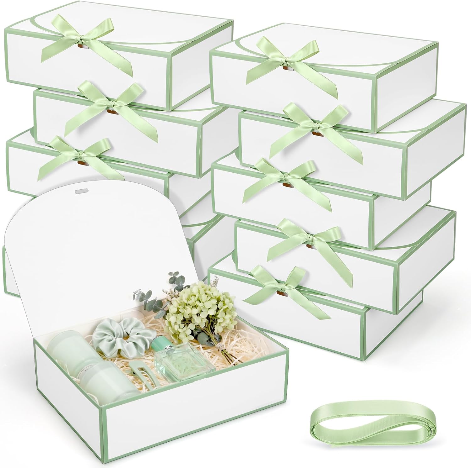 Silkfly 12 Pcs Bridesmaid Proposal Box with Ribbon, 10.6 x 8 x 3.15 Inch Gift Boxes with Lids Paper Gift Boxes for Wedding Baby Shower Birthday Party Present Packaging(White,Sage Green)