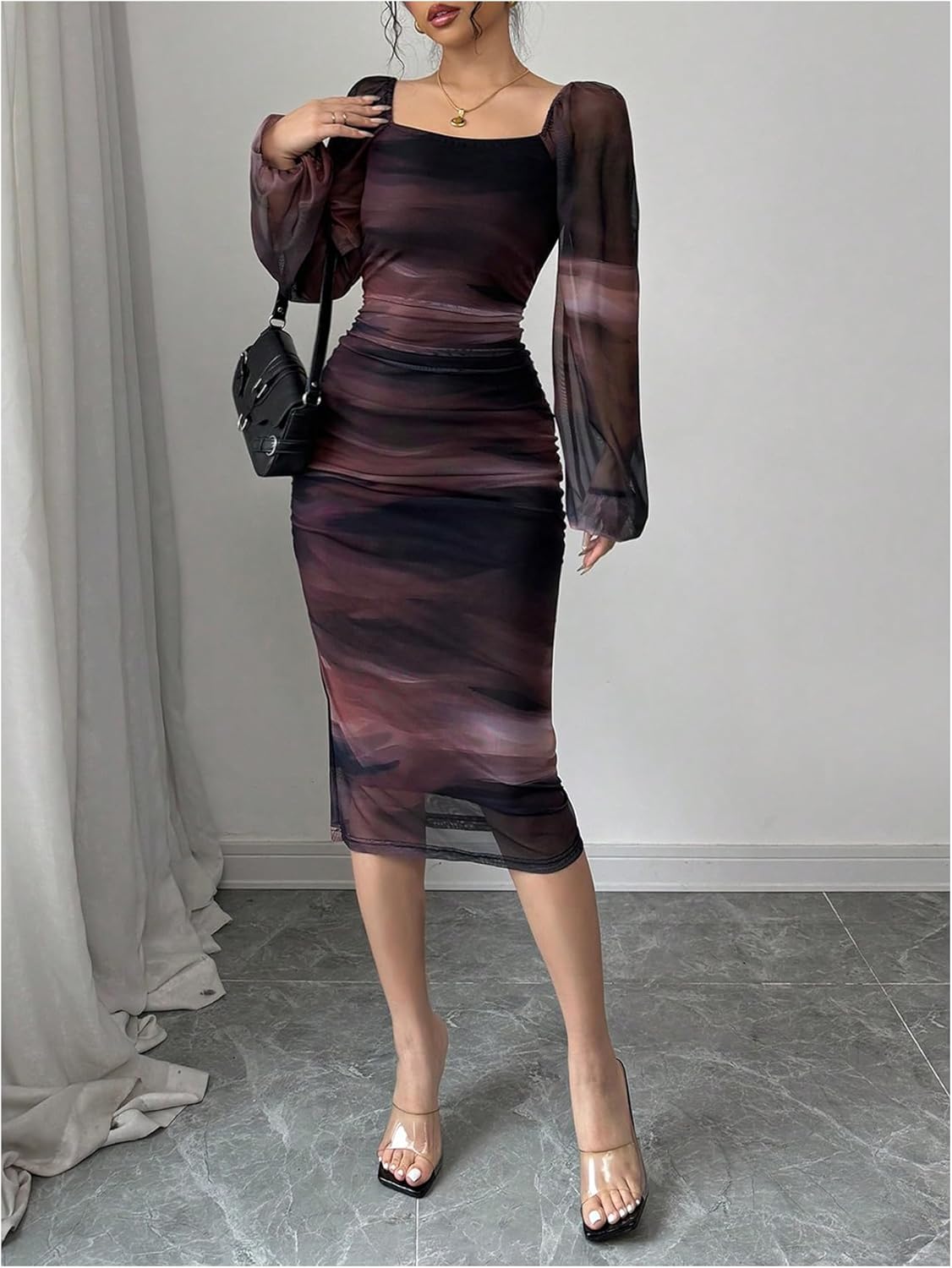 Floerns Women's Tie Dye Lantern Sleeve Bodycon Dresses Square Neck Night Out Midi Dress - Image 5