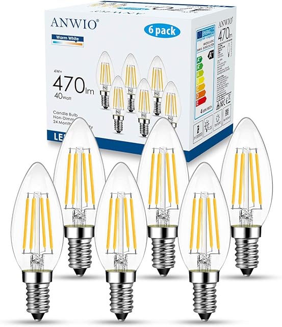 ANWIO SES 4W E14 Led Filament Candle Bulb Screw 40W E14 Candle Bulb (4W Equivalent 40w Incandescent),C35 Small Edison Screw Led Bulbs,Soft Warm White 2700K,470Lm, Non-Dimmable, (6 PCS)