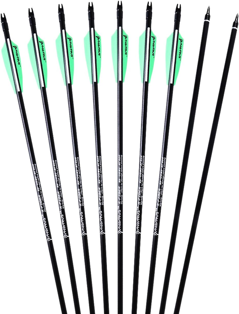 Archery 32inch/30inch 8mm Fiberglass Hunting Practice Arrows with Replaceable Arrowhead Spine 500 for Recure and Compound Bow Target (Pack of 12)