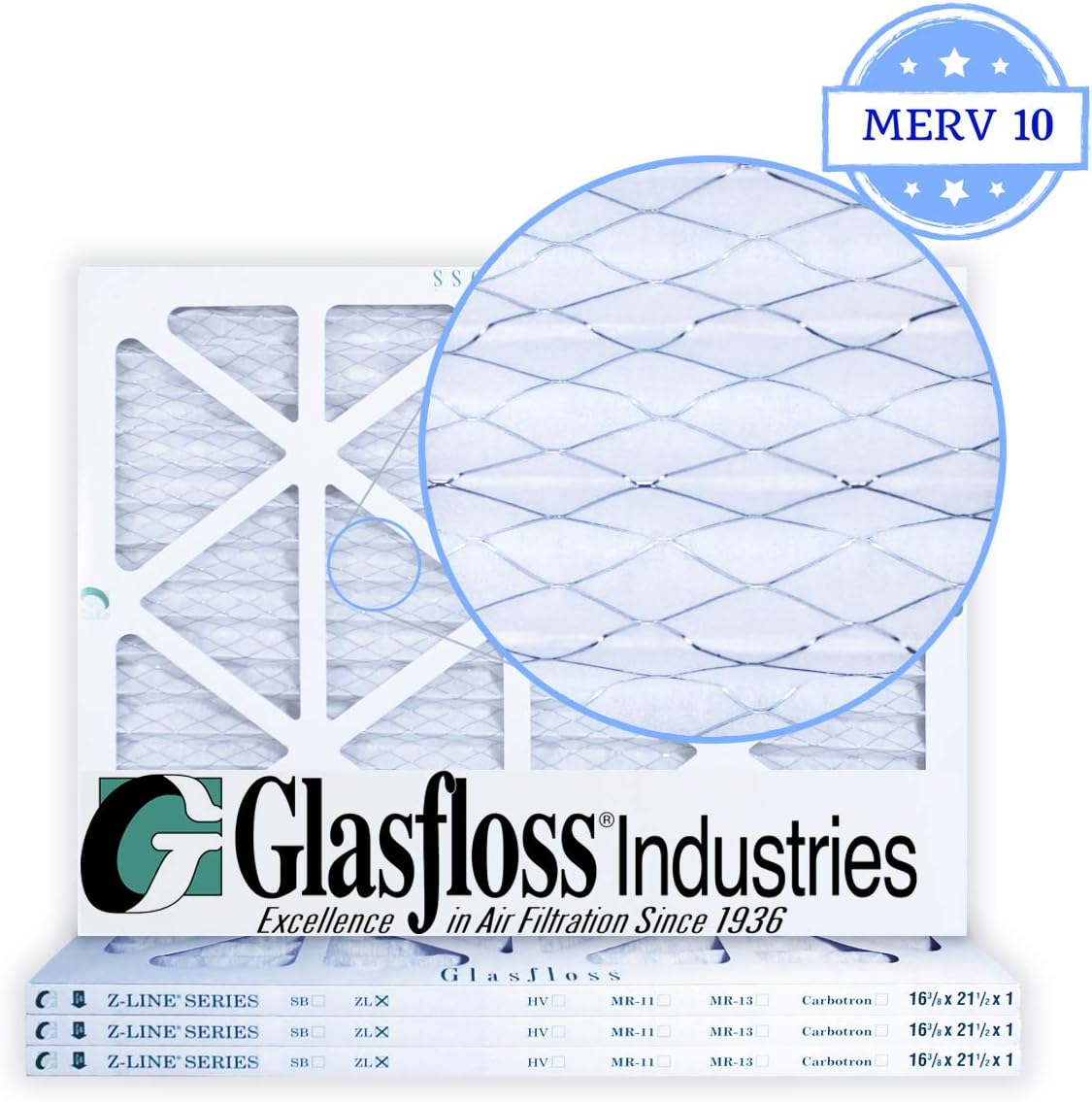 Glasfloss 16-3/8 x 21-1/2 x 1 Air Filters (Case of 4), MERV 10, Pleated, Made in USA