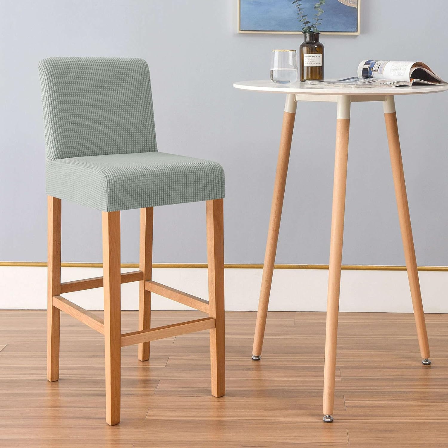 Plaid Bar Stool Covers, Stretch Barstool Slipcover Furniture Chair Seat Cover Elastic Dining Chair Covers Removable Washable for Short Back Chair-Light Grey-Set of 4