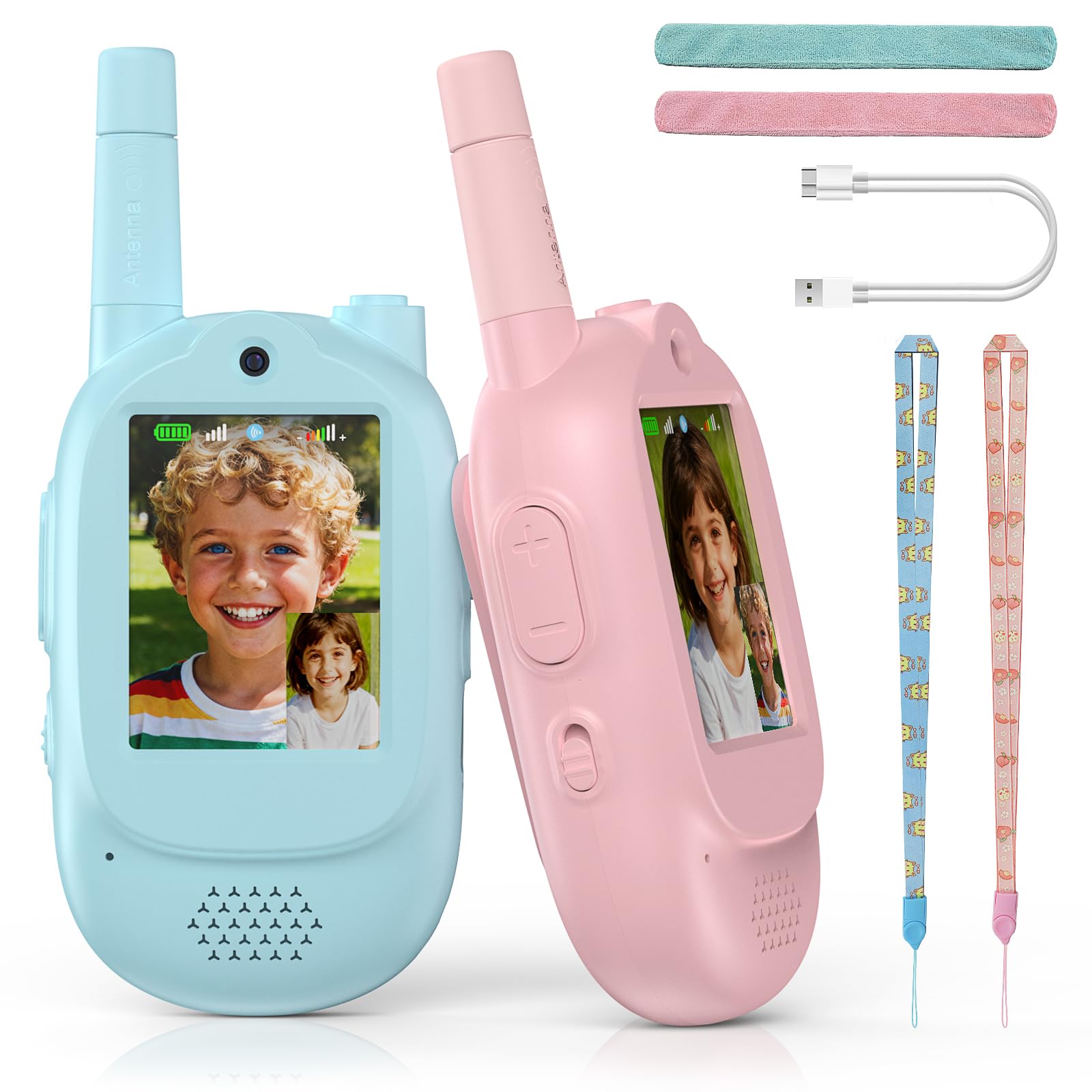 Talkie walkie vidéo pour Enfants, Cadeau pour Les garçons et Les Filles à partir de 3 Ans, Talkie-walkie Rechargeable, Jeux et Jouets pour Enfants, Coloris Rose et Bleu