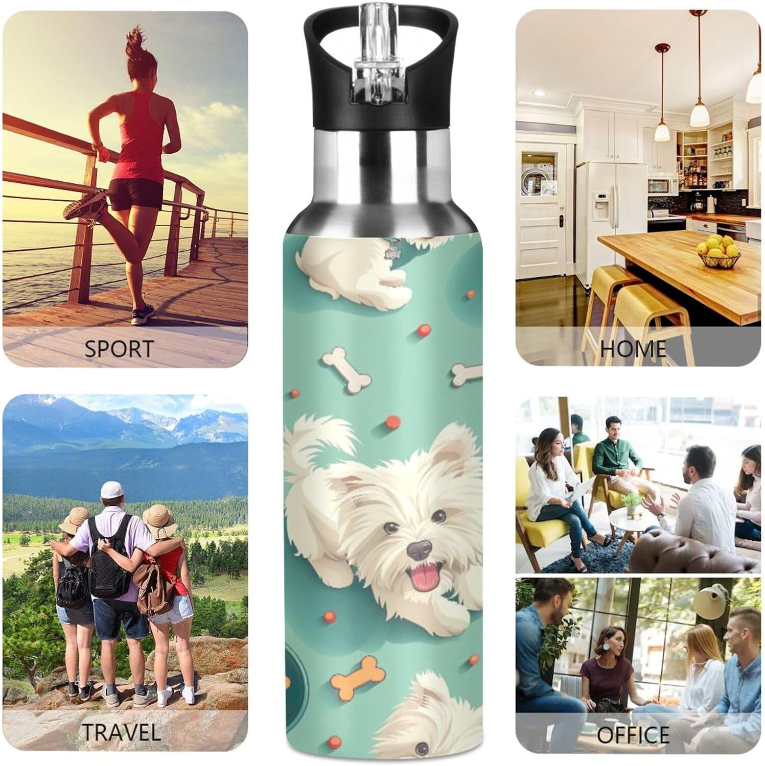 West Highland Terrier Water Bottle with Straw Lid for Fitness Gym Camping Outdoor Sports, 20oz Wide Mouth Vacuum Insulated 18/8 Stainless Steel Bottle #65