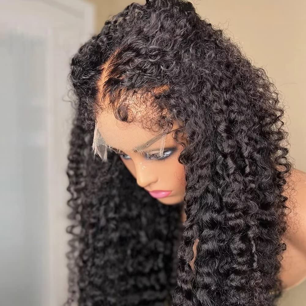 Deep Curly Human Hair Wigs 13X6 Transparent Lace Wig Pre Plucked Bleached Knots With Curly Baby Hair 180 Density Brazilian Remy Glueless Lace Wig for Women Pre Plucked Bleached Knots 24"
