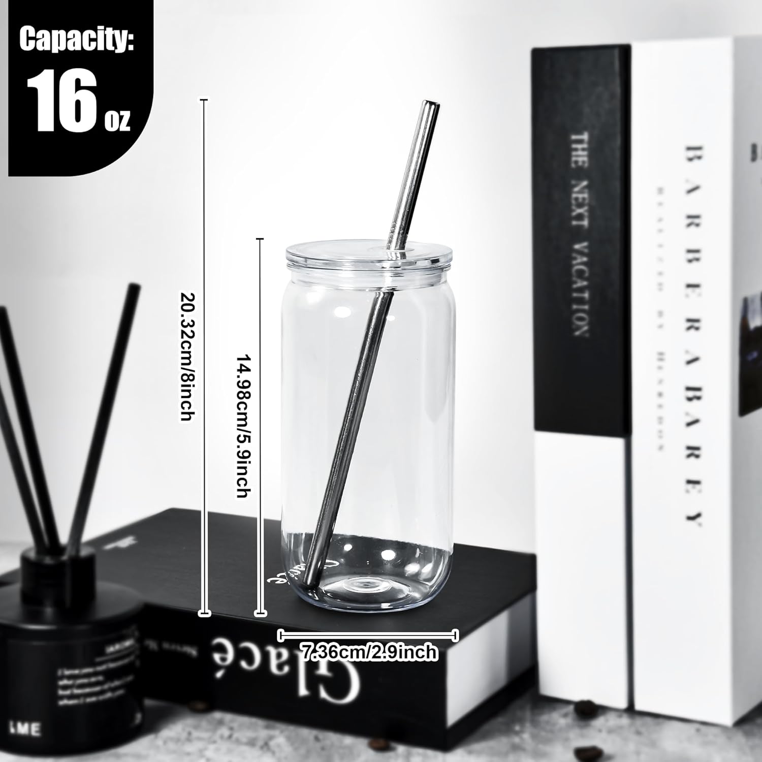 16oz Acrylic Mason Jar Cups, Clear Cups with Plastic Lids and Straws, Iced Coffee Cup Drinking Glass Tumbler for Whiskey, Soda, Tea, Juice, Gift, 6pcs - Image 3