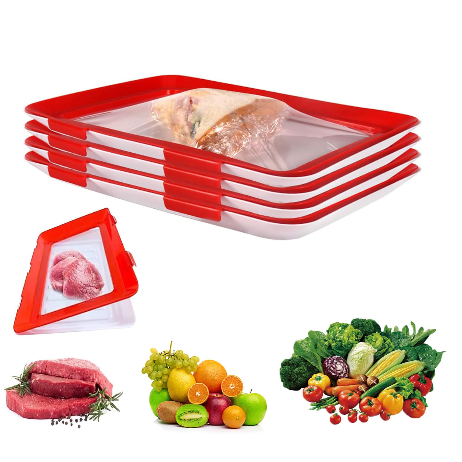 BEZHGOC Stretch Storage Fresh Trays, 4Pcs Stackable Cold Meat Containers with Elastic Lid for Fridge Vacuum Food Preservation Tray for Meat Vegetable Fruit (Red)