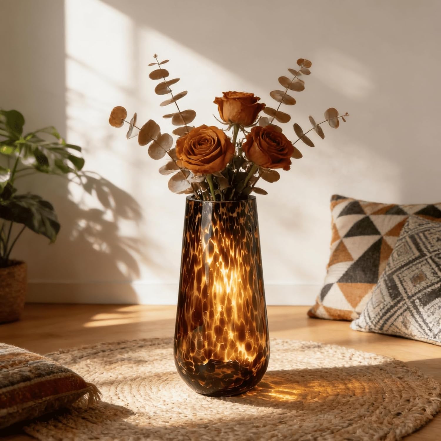 Large Leopard Amber Glass Vase, Luxe 11.8” Brown Decorative Centerpiece, Translucent Vintage Tortoise Shell Vase for Pampas Grass, Boho Modern Farmhouse Home Decor
