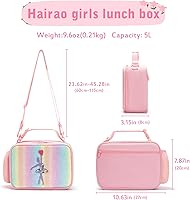 Vista 5 de Lonchera para niñas, bolsa de almuerzo rosa arcoíris impermeable, con aislamiento térmico, correas ajustables para el hombro, lonchera de ballet