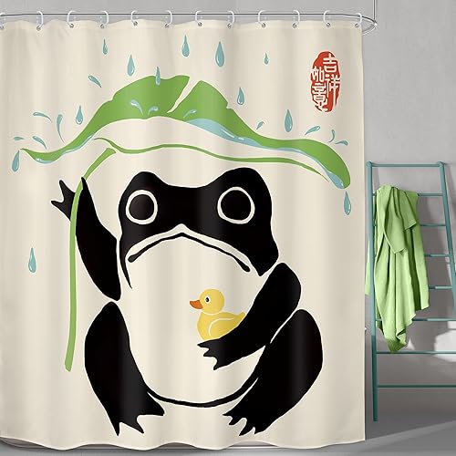 Miniatura 27 de LGhtyro Cortina de Ducha Divertida de Rana Juego de Baño 60Wx71H Pulgadas Retro Lindo Animal Asiático Estilo Tradicional Japonés Fideos Sombrero de