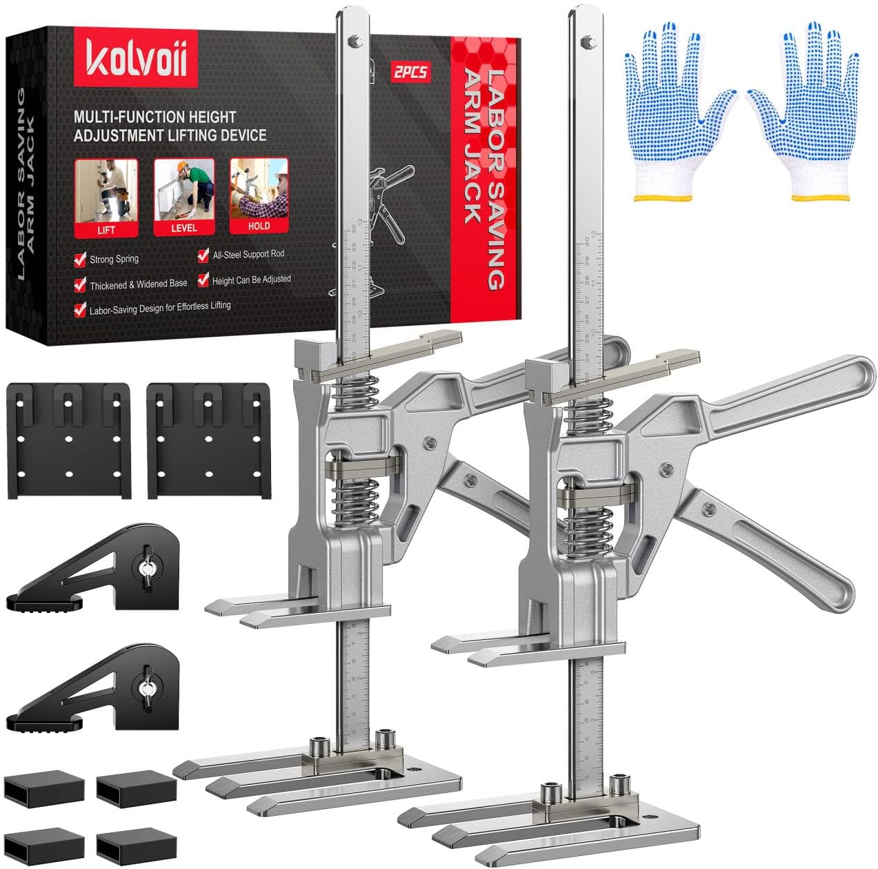 Kolvoii Labor Saving Arm Jack 2 Pack, 10" Height-Adjustable All-Metal Hand Lifting Jack Tool for Furniture, Door, Window, Cabinet and Drywall Installation
