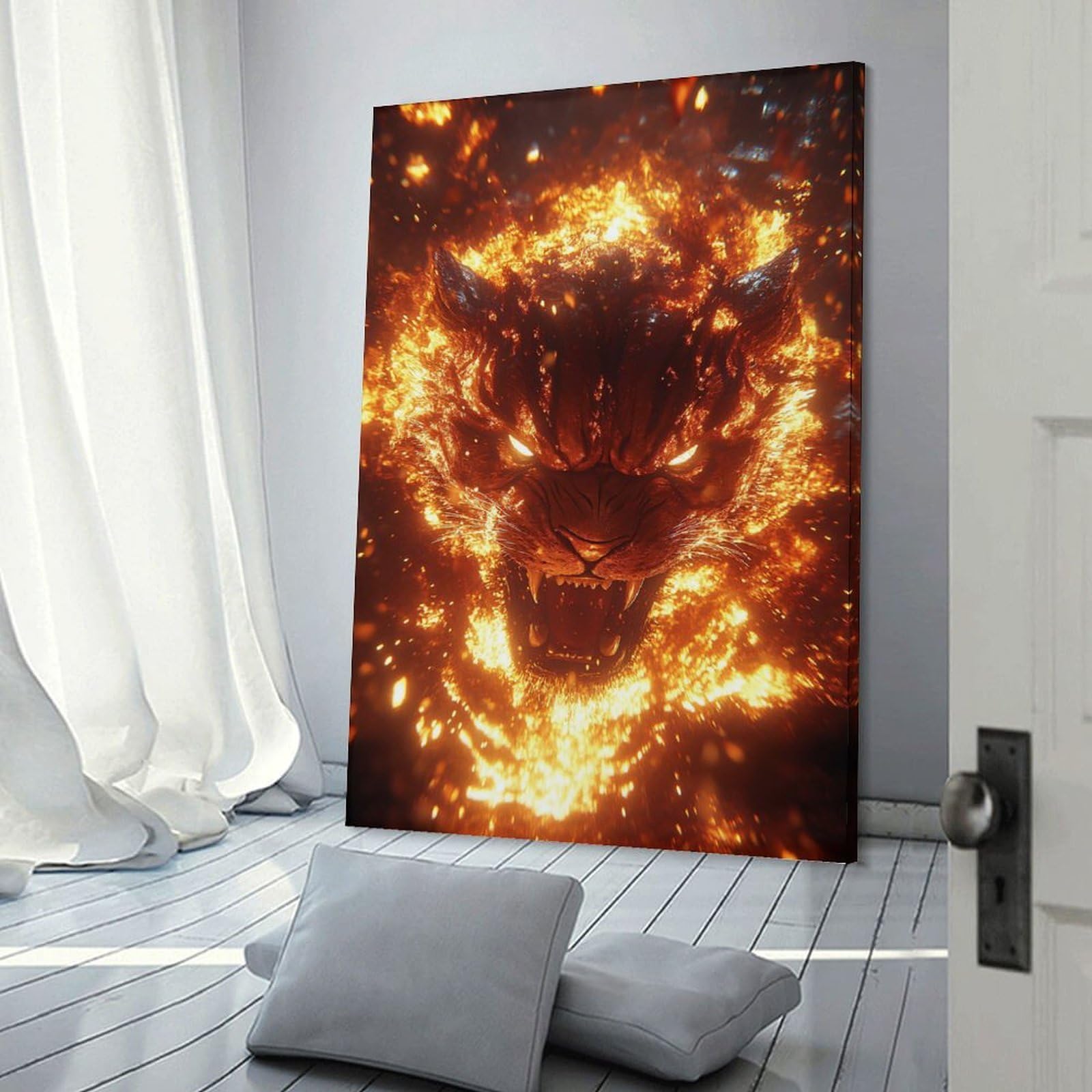 Junmoney Fiery Tiger Head Hanging Wall Art, 24x36inch(60x90cm), for New Homes, Bedrooms Or Workspaces, Thoughtful Wall Decor for Art Lovers