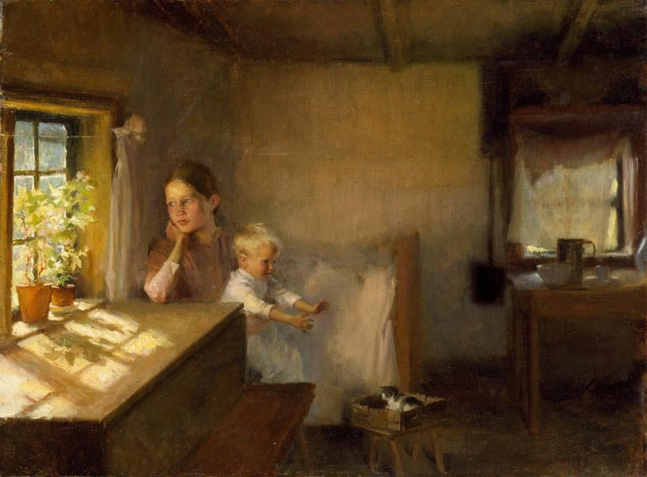 SERENDIPITP Retro Picture Poster Wall Art Pictures Painting Woman with Child in Sunlit Interior by Albert Edelfelt Wall Art Canvas Print for Wall Decor 60x90cm