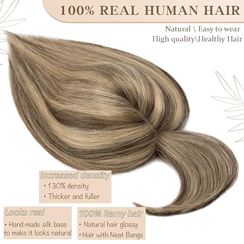 Miniatura 3 de S-noilite Toppers para el cabello para mujer, con flequillo, balayage, cabello humano real, densidad del 130%, base de seda, clip con fleco, 14