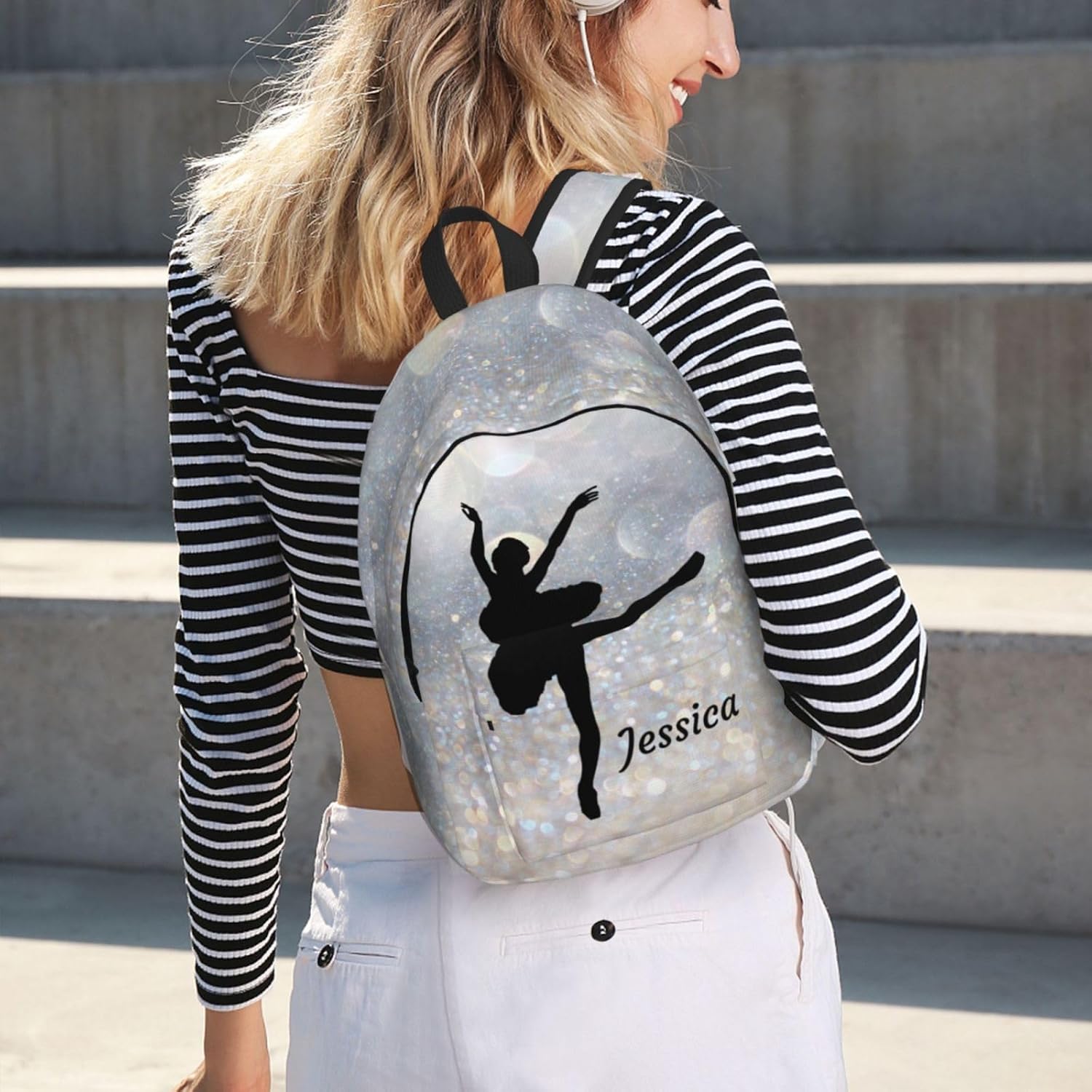 Generic Custom Ballet Dance Backpack Personalized Backpack with Name Customized Casual Bag Daypack for Woman Outdoor Hiking Travel Silver 17in